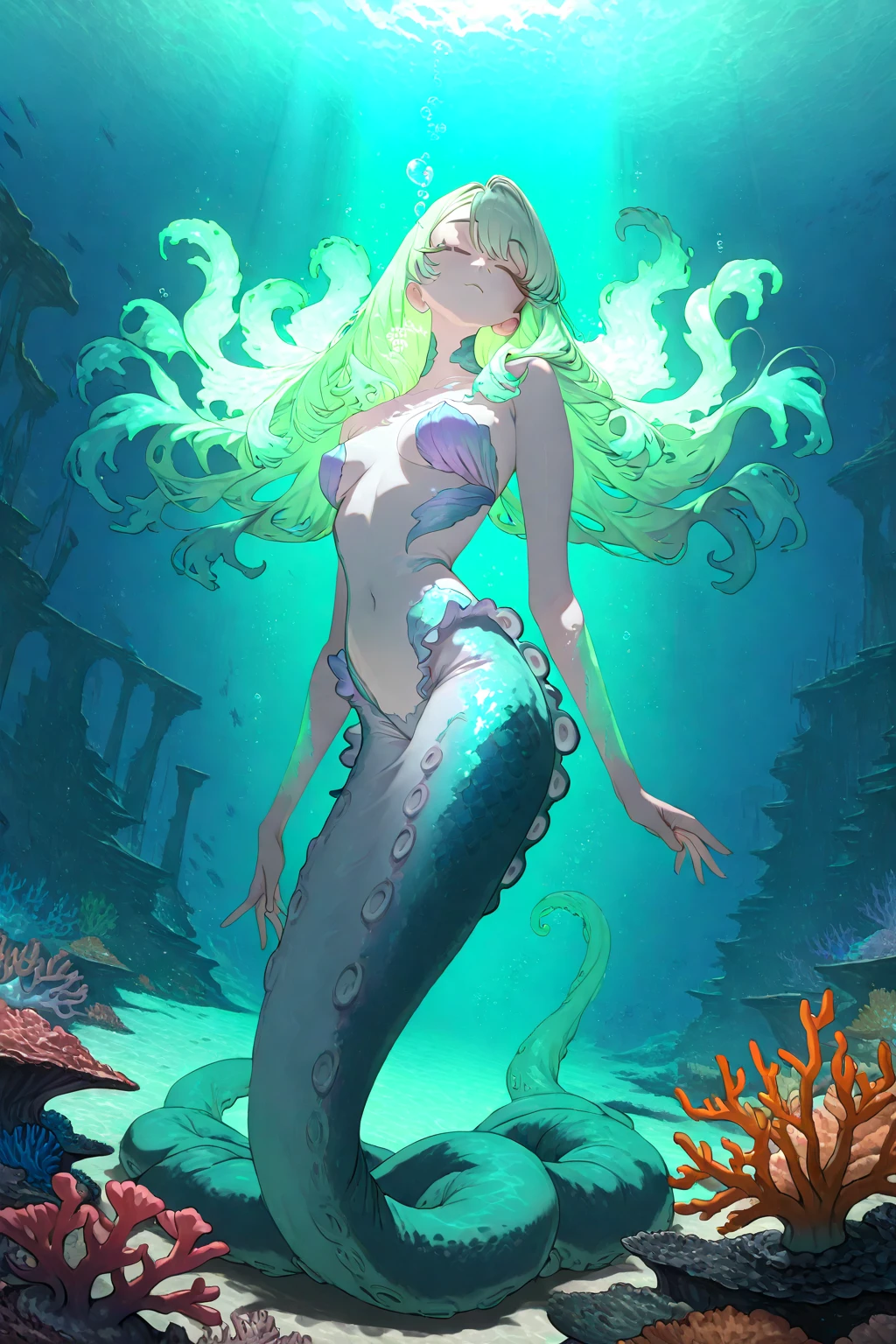 Kierna shipka as mermaid, fantasy, 1girl, mermaid, beautiful detailed eyes, beautiful detailed lips, extremely detailed face, long eyelashes, underwater scene, detailed coral reef, ocean waves, glowing bioluminescent plants, sunlight filtering through water, iridescent scales, detailed flowing hair, magical fantasy atmosphere, dramatic lighting, cinematic composition, vibrant colors, highly detailed, photorealistic, 8k