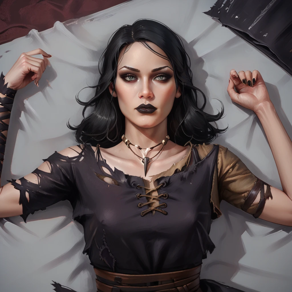 Fantastic realism, (Masterpiece) Gorgeous vampire lying on the floor faint, curly black hair, long, sexy leather outfit tight. Rogue bleeding on the ground, dying --auto --s2