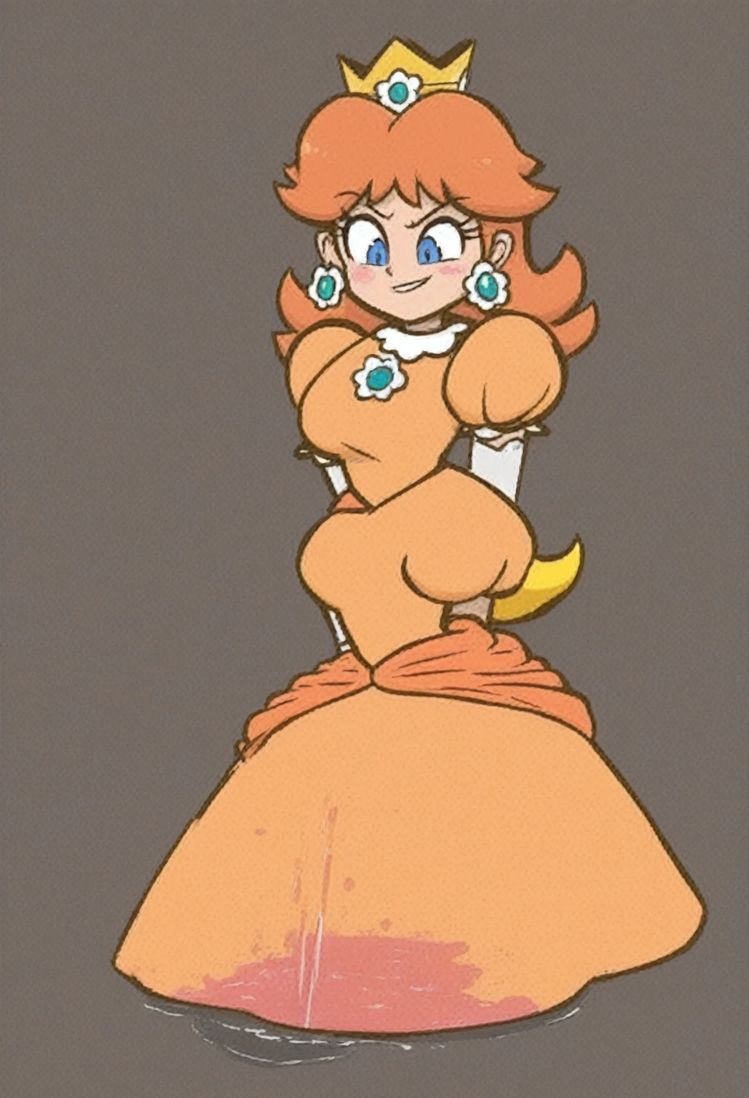 STICKER, (solid outline:1.3), (NSFW:1.2), A detailed illustration of a vivid Sexy Princess Daisy from Mario naked squatting down legs together, bare breasts, ass view, Solo Female, medium breasts, soft nipples, full cleavage, Full Body View, high heeled boots, hands behind her back, crown, hidden hands, vintage t-shirt design, in the style of hand drawing, 3D vector art, fantasy art, watercolour effect, Adobe Illustrator, hand-drawn, digital painting, low-poly, soft lighting, isometric style, retro aesthetic, focused on the character, 4K resolution, photo realistic rendering, using Cinema 4D,