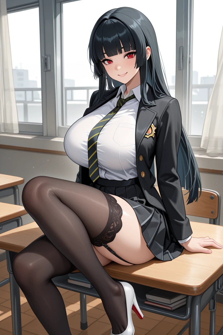 ((Student sitting on the desk in class with her legs apart)), Charming eyes, a group of perverted old professors around her, undressing her and touching her breasts, old men touching her legs, long thick black hair, Highly detailed body, highly detailed face, best quality, (underwear P  iNK), (high school girls), ((white jacket, breast emblem))、 ((translucent blouse)),, ((flared skirt dark blue checks)) ,(Black stockings)、((The white lace underwear is visible