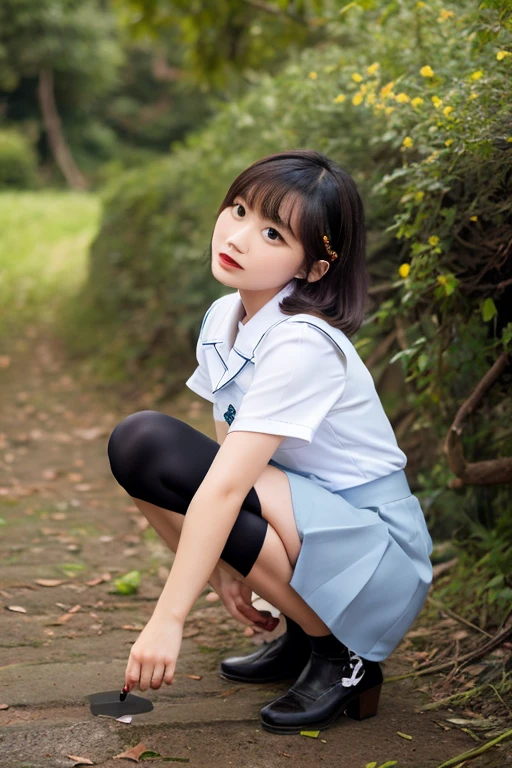 (highest quality, hight resolution, masterpiece:1.3) dusk, sunset, A girl, 19years old, short cut, ponytail, white shirt, White sneakers, denim miniskirt, realisitic, ultra-detailliert, Slimed, BREAK Sitting on the riverbank, with her cheeks in her hands, upper body, face focus, Look at viewers, A dark-haired, blue eyes, BREAK dynamic light and shadow, hight resolution, foco nítido, depth of fields, A detailed eye