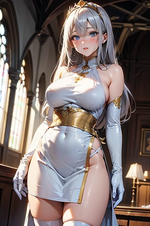 Ultra-detailed 8K CG, hyper realisitc, tmasterpiece, spotlight lights, royal paLace, 电影灯光, cinematicbloom, professional photoshooting, Ridiculously long hair, Very long hair, White hair, divine goddess, humongous large breast, Stick it out, A queen, Beutiful women, Lace, Lace trim, Lace-trimmed legwear, Raised your legs, Wear gloves on elbows, pearl neckLace, soybean, jewely, Shiny, twinkle, diamond, looking at viewert, Serious, formal, epic, Large curtains, Indoors