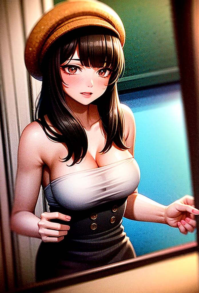 super breasts, thick thighs, long black hair, 8k, 4k, of the highest quality, High resolution: 1.2), cute anime face, noise removal, maid, 和風maid, black leotard, full body portrait, Leotard that bites, Er Dao Liu, sandals、blue eyelong black tights, gentle smile, white kimono, T-back that digs into your butt, emphasis on the buttocks