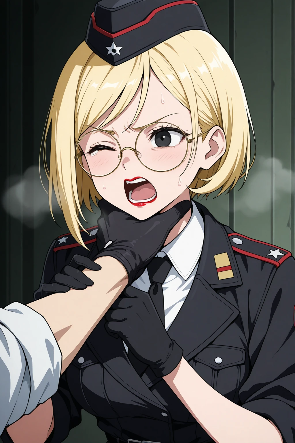 score_9, score_8_up, score_7_up, score_6_up, source_anime, BREAK by ikuchan kaoru, iku, clean color, flat color,1girl, hellsing, blonde hair, vampire, fangs, excited, outdoors, in Forest,  face focus, face closeup, face, face only, , covering eyes, interracial, penis awe, dark skinned male, huge penis