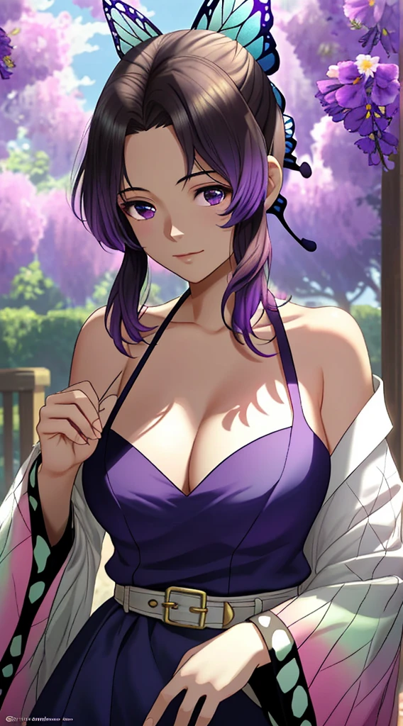 (masterpiece, highres:1.3), Yuzuriha from "Jigokuraku," (1 woman:1.5), (leaning over:1.4), (purple hair:1.2), (detailed brown eyes:1.4), (ninja attire:1.1), (revealing clothes, alluring cleavage:1.2), (moderate breasts, spaced apart:1.2), (elegant topknot, medium-length hair:1.1), (provocative smile:1.2), (pants, in the process of undressing:1.2), (subtle blush:1.1), (perfectly crafted hands:1.3), Japanese setting, with a temple in the background, meticulous details, (enticing ambiance:1.1).