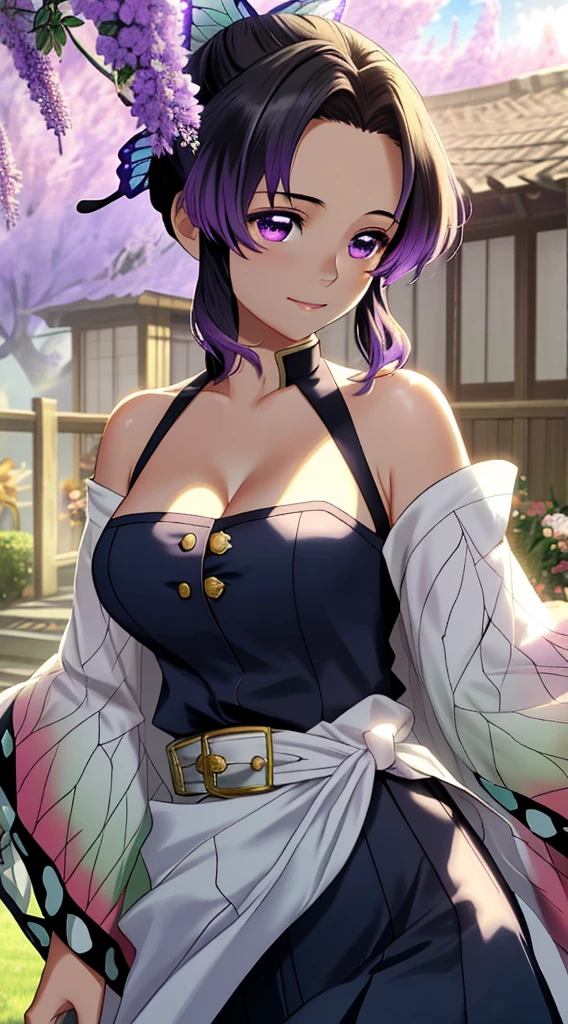 best quality, masutepiece, (inclinando-se para baixo:1.2), 1girl em, Yuzuriha_(Jigokuraku), cabelo roxo, olhos castanhos, ninjartista, Abra suas roupas, clivagem, seios pequenos, Topknot, medium hair, Chest apart, sorriso sedutor, (corar:1.1), Japanese exterior, templo, A city in the Warring States period, cidade (NSFW 1.1), cum in body