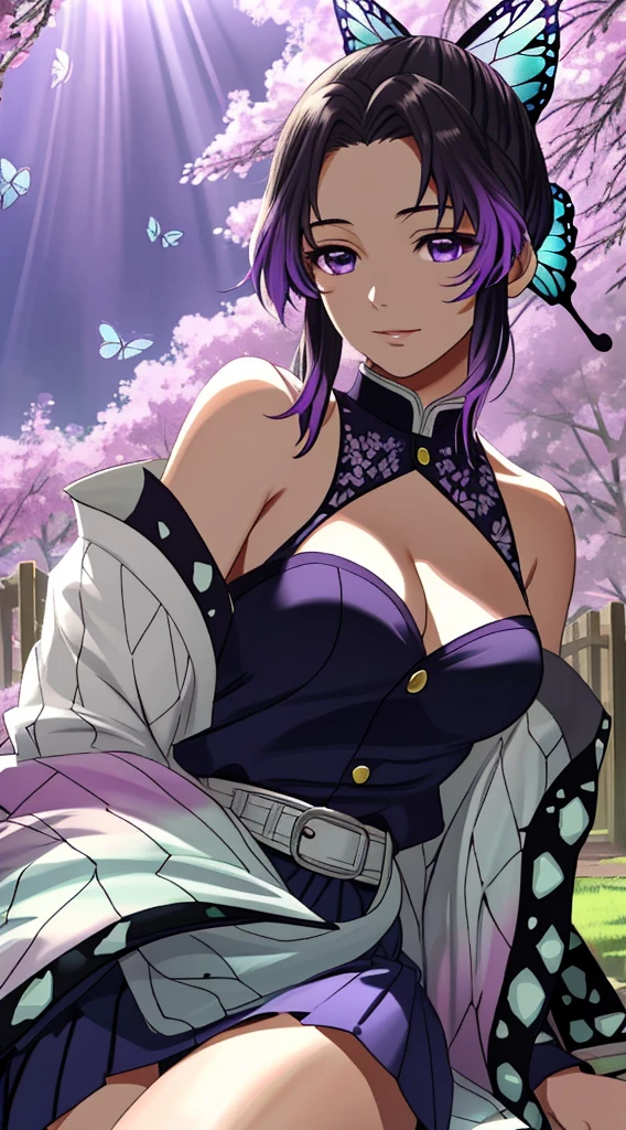 Ultra-realistic 8K CG,masterpiece,((Highly detailed background,Delicate pattern,Intricate details)),The best quality at its best,masterpiece, Highly detailed background, Delicate pattern,The finest craftsmanship and attention to detail, Highly detailed face,Highly detailed eyes and face,,Very fine grain,kochou shinobu,Multicolored Hair,No bangs,Hair Intake,Purple eyes,Haori,butterfly,band,(Heat band garden:1.2),Purple Flower,mostly cloudy null,Light of the sun,Tyndall effect,Slope_null,face,beautiful null,Sabre on waist,Seductive posture,(Big Breasts:1.3),(Cleavage:1.3),(Off-the-shoulder outfit:1.6), Downblouse