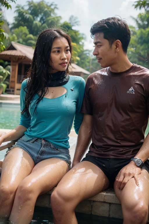 A young Indonesian couple, 25 years old, was relaxing and playing in the rain in the swimming pool behind the cafe. The man had a tattoo on his chest and white sports shorts. Dark brown skinned hijab woman, beautiful body, wearing a transparent pink swimsuit, man hugging woman from behind touching chest, satisfied face, hands raised with a happy expression.