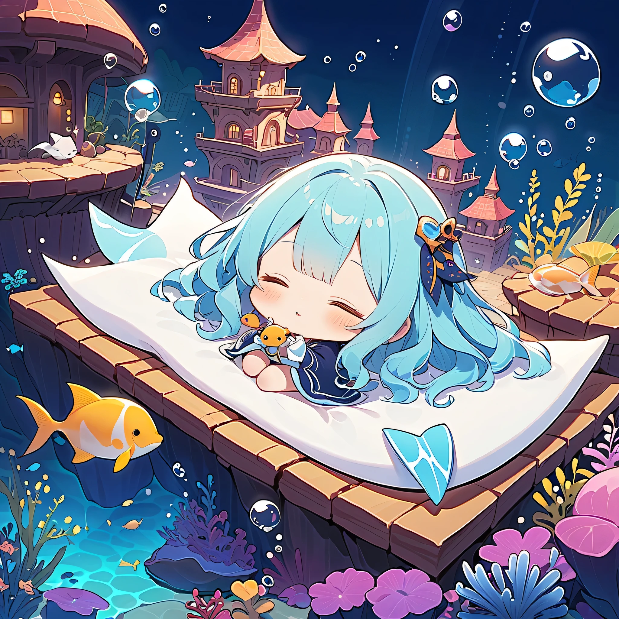 cute、 chibi、Underwater City、（A fantastic world where the light of the full moon shines into the sea）、cute、 chibi、(come on a fuwamoko manta costume）、Sleeping angel、UNDERWATER_SCENE,aqua、（milky white to blue gradation hair color）、（My hair is shaky in the deep sea）、（Bubble、気Bubble）、（with her eyes closed）、(Lying Down and Sleeping)、（Sleeping on a manta ray）、（I'm using seaweed as a comforter）、Fantasy、