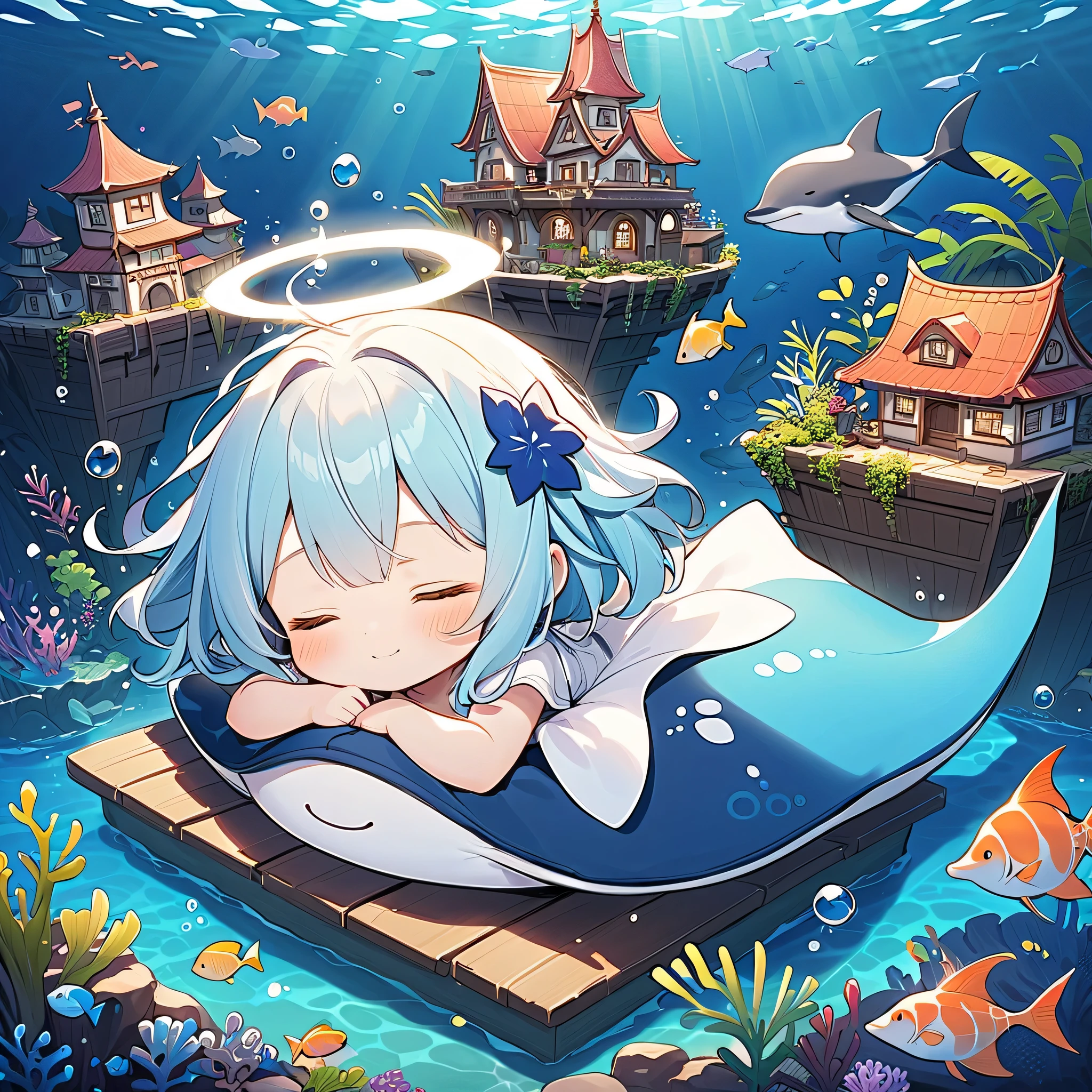 cute、 chibi、Underwater City、(A fantastic world where the light of the full moon shines into the sea)、cute、 chibi、(come on a fuwamoko manta costume)、Sleeping angel、UNDERWATER_SCENE,aqua、(milky white to blue gradation hair color)、(My hair is shaky in the deep sea)、(Bubble、気Bubble)、(with her eyes closed)、(Lying Down and Sleeping)、(Sleeping on a manta ray)、(I'm using seaweed as a comforter)、Fantasy、