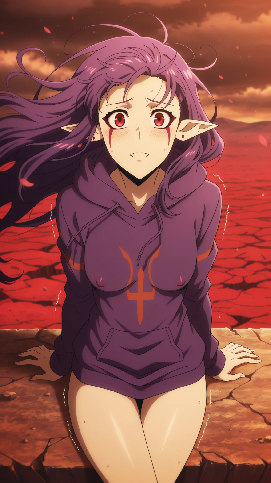 BREAK (masterpiece:1.2), best quality, high resolution, unity 8k wallpaper, (illustration:0.8), Dark poppy field under swirling storm clouds,  
wind violently shaking the flowers,
dust and petals in the air,  
ominous tension, anime cinematic style,  
by CoMix Wave Films, detailed,Esil Radiru, earrings, pointy ears, purple hair, red eyes, fangs, facial mark,no pants,purple hoodie,looking at viewer,cowboy shot,wide-angel,long hoodie,shy,red face,sitting,cross legs,frome above,berely vissible nipples,from above