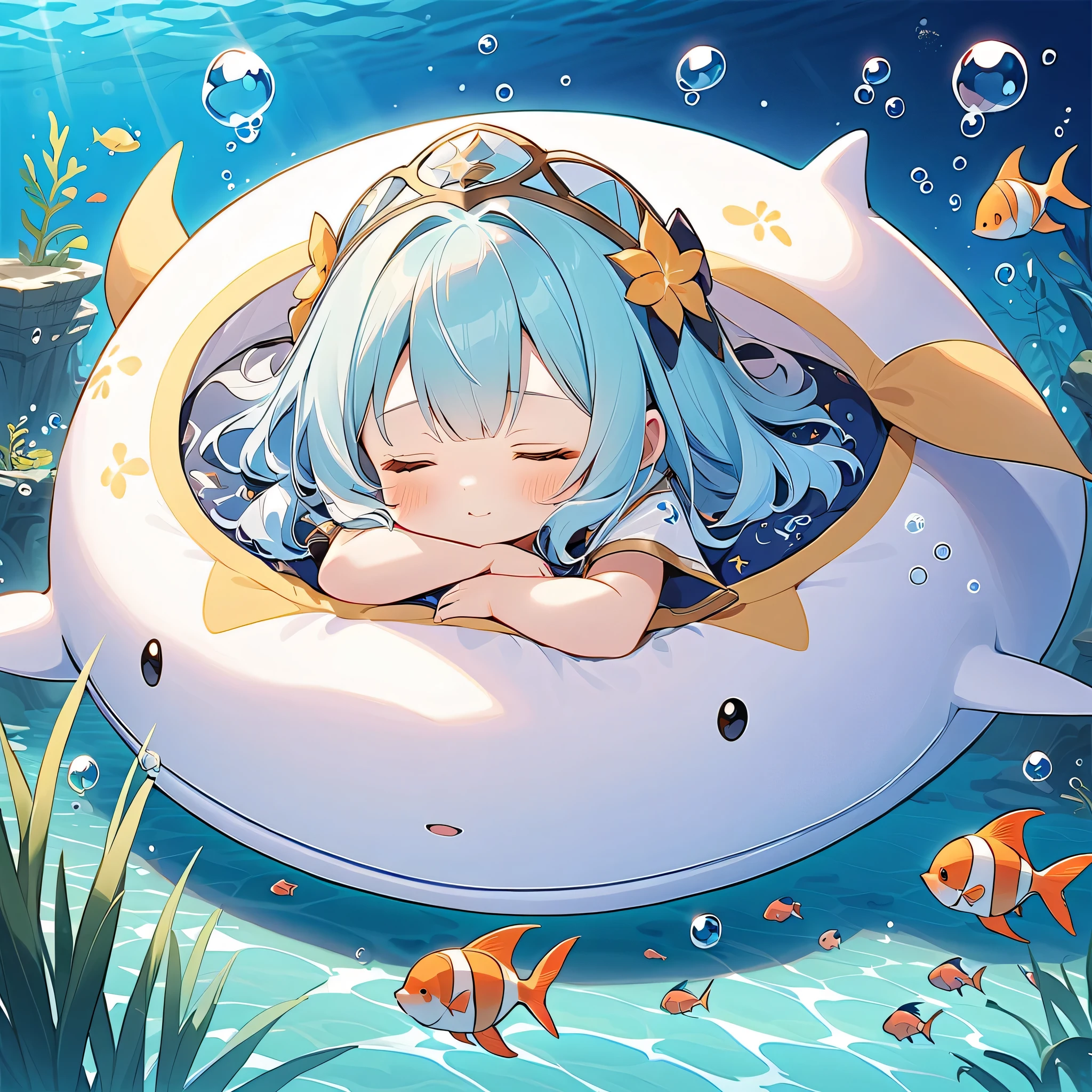 cute、 chibi、Underwater City、（A fantastic world where the light of the full moon shines into the sea）、cute、 chibi、(come on a fuwamoko manta costume）、Sleeping angel、UNDERWATER_SCENE,aqua、（milky white to blue gradation hair color）、（My hair is shaky in the deep sea）、（Bubble、気Bubble）、（with her eyes closed）、(Lying Down and Sleeping)、（Sleeping on a manta ray）、（I'm using seaweed as a comforter）、Fantasy、