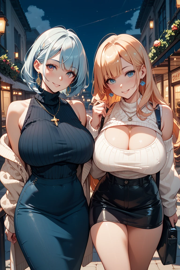 2 heads, a conjoined woman with 2 heads. Enormous breasts. Sitting across a table in a bar. Wearing a tight sweater, wearing jeans. Wearing a beanie hat. Gigantic boobs, deep cleavage. Young, teenager. Messy hair. Nervous, blushing. Cute. Gorgeous face. Blushing. Massive breasts. Smiling. Cute thin face. On a date.
