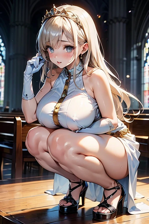 (from below1.2), super high quality, (8k, RAW photo, realistic), wearing light blue dress, skirt lift, white flowing layered braided bangs long hair, cute woman, shining gold big eyes, annoying sexy expressions, red sexy thick lips, medium breasts, pink breast niples, cameltoe, slender, perfect proportion, black lace thong panty, background stairs