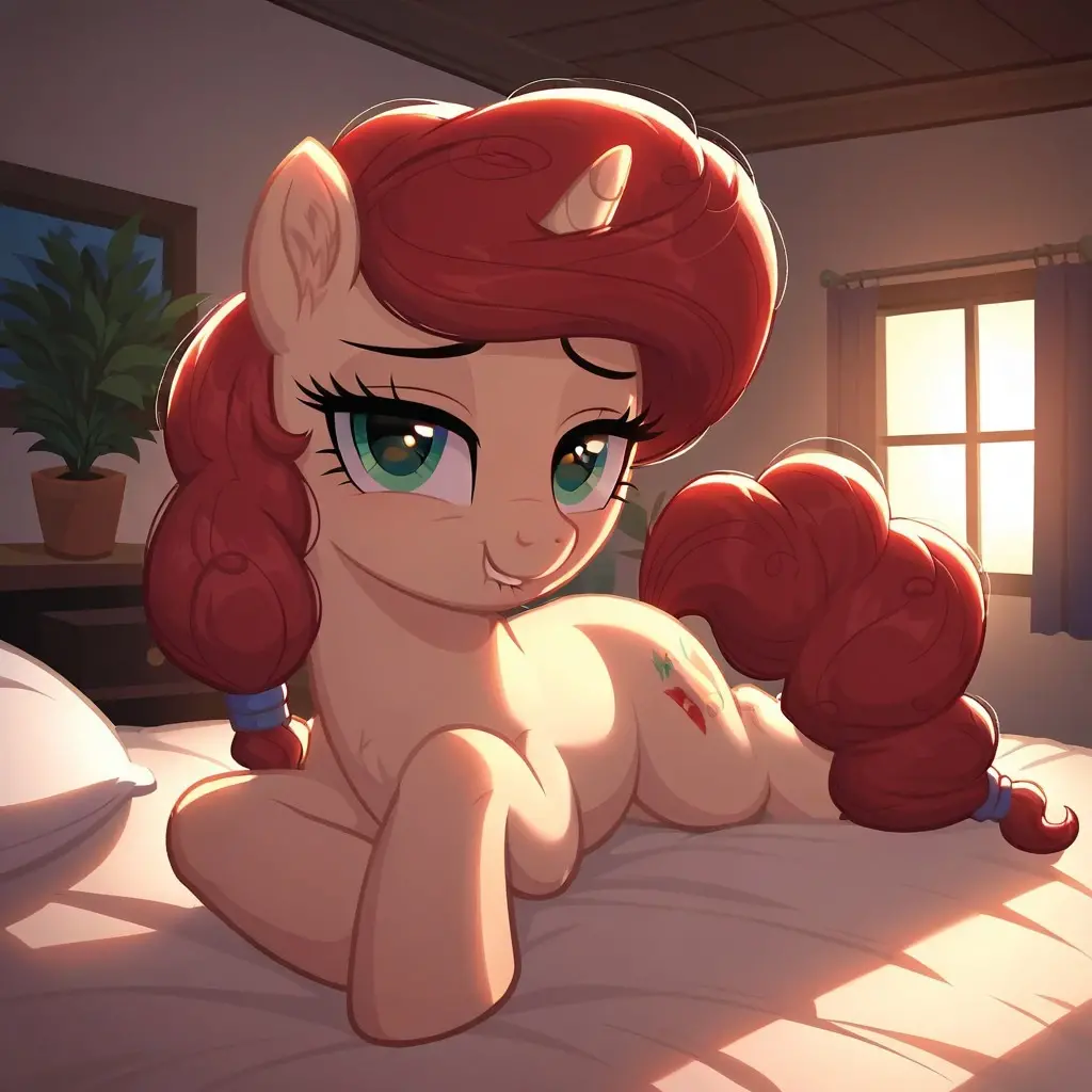 Female pegasus pony, tan color, red hair and tail, white feathers on wings, green eyes, book cutie mark, huge teets, laying on back, sexual intercourse, anal penetration