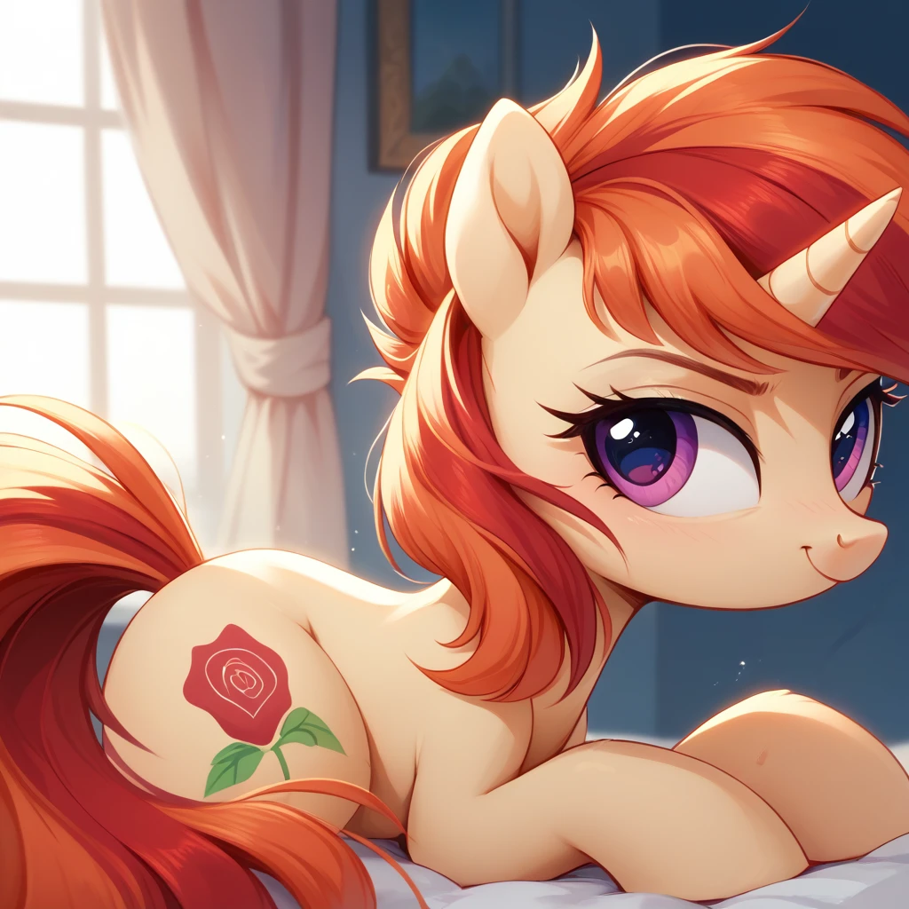 score_9,score_8_up,score_7_up,score_6_up, ((my little pony)), radiant lighting, vibrant colors, whimsical atmosphere, 8K, high resolution, highly detailed, masterpiece, behind view, white body, long red wavy hair, earrings, red eyes, stern look, black-red striped stockings, showing butt, dripping pussy
