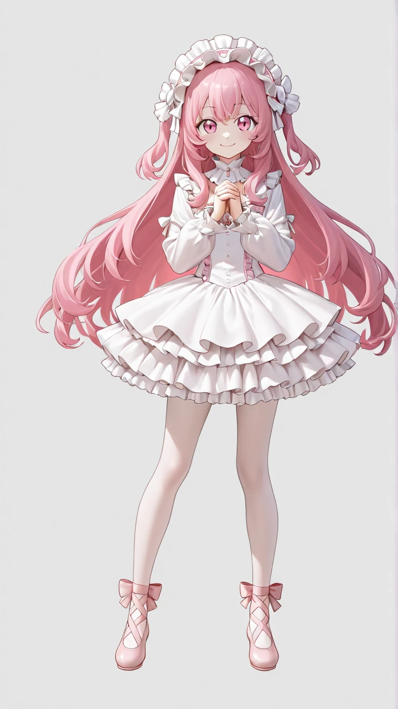 Girl child long pink hair up to foot, dark strong blue eye, navy blue short dress turtleneck and long sleeve,white lace short/panties,white pantyhose,yellow shoe/doll shoe,childish body, skinny,gleaming white skin, floating in outer space all starry with bright white stars,her huge hair is fluttering,she has small pink lips,  rosy cheeks, small pink nose,wears white gloves,her skin is very white,her short flowing dress,her big eyes bright dark strong blue