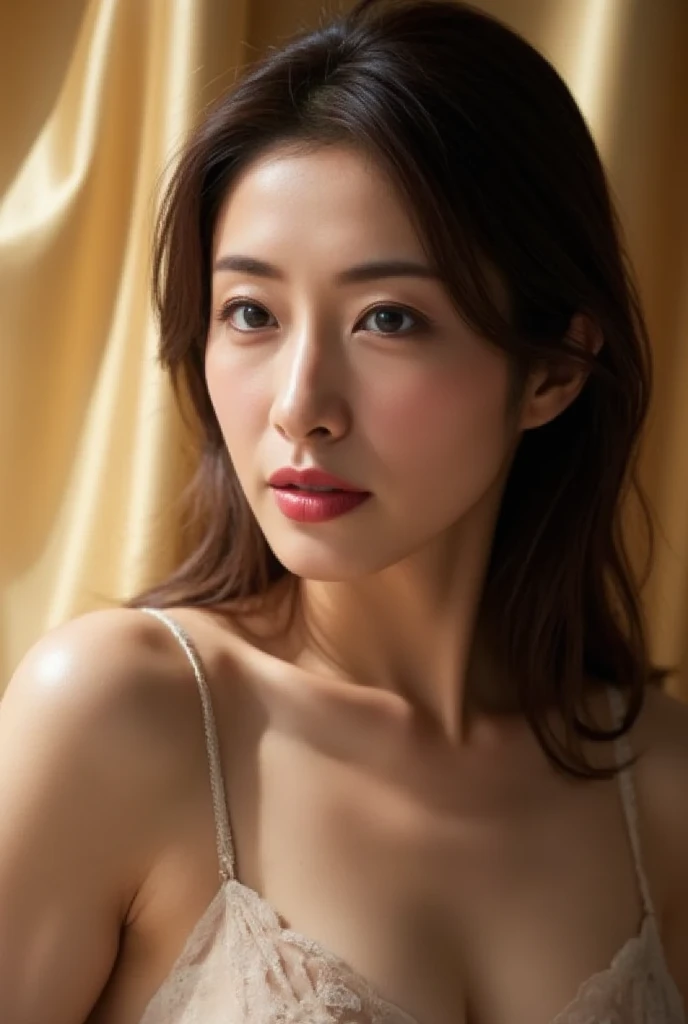 One Japan, Ephemeral atmosphere, 40 year old girl, Mature, Brown hair bob hair, White underwear, masutepiece, Best Quality, Detailed skin, Detailed eyes, ,8K, Good anatomy, Upper body portrait