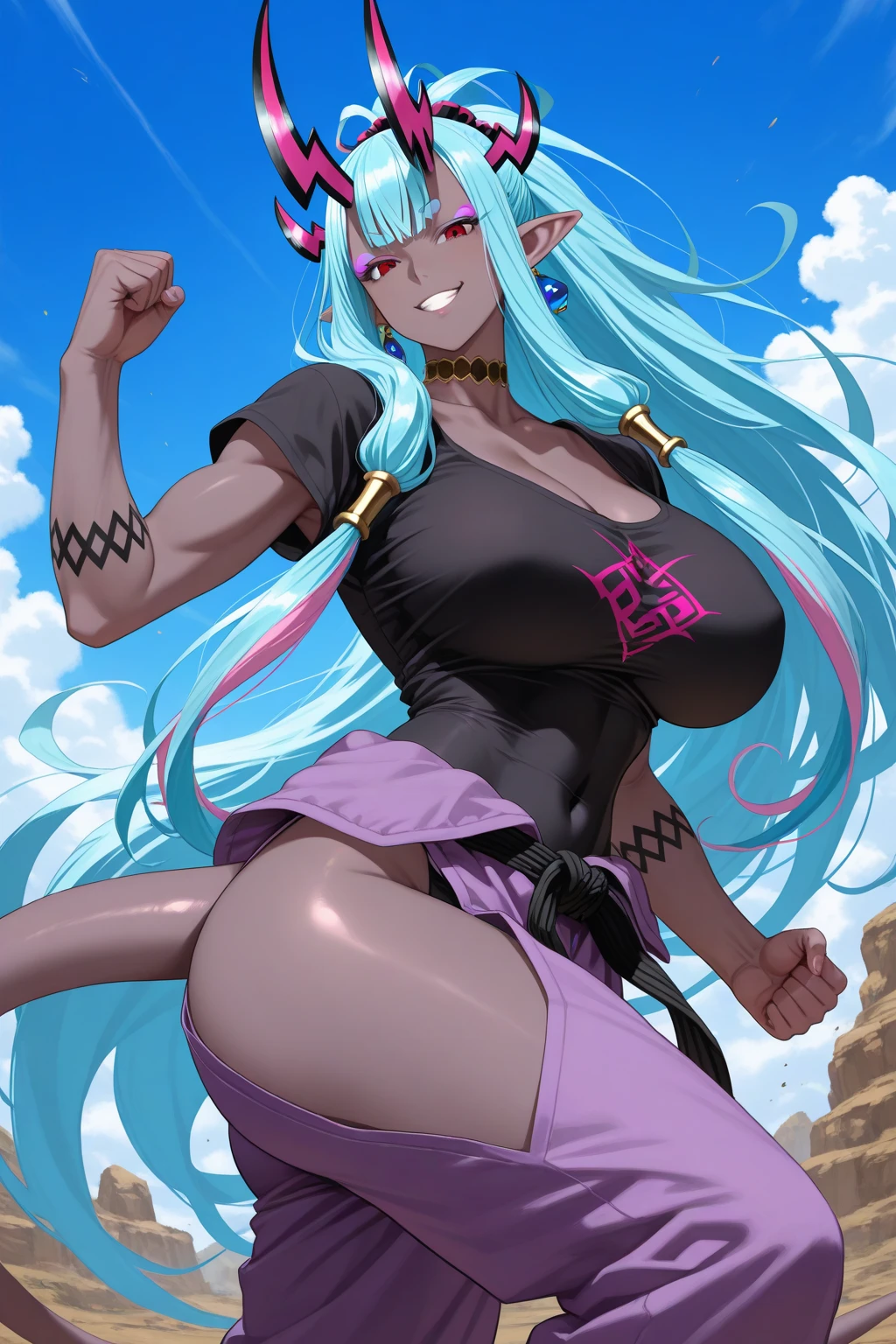 (snake hair:1.2), huge breasts, tank top, purple hair, short shorts, abs, looking at viewer, wide hips, slit pupils, outdoors, crop top, underboob, <lyco:gorgon-10:0.6>