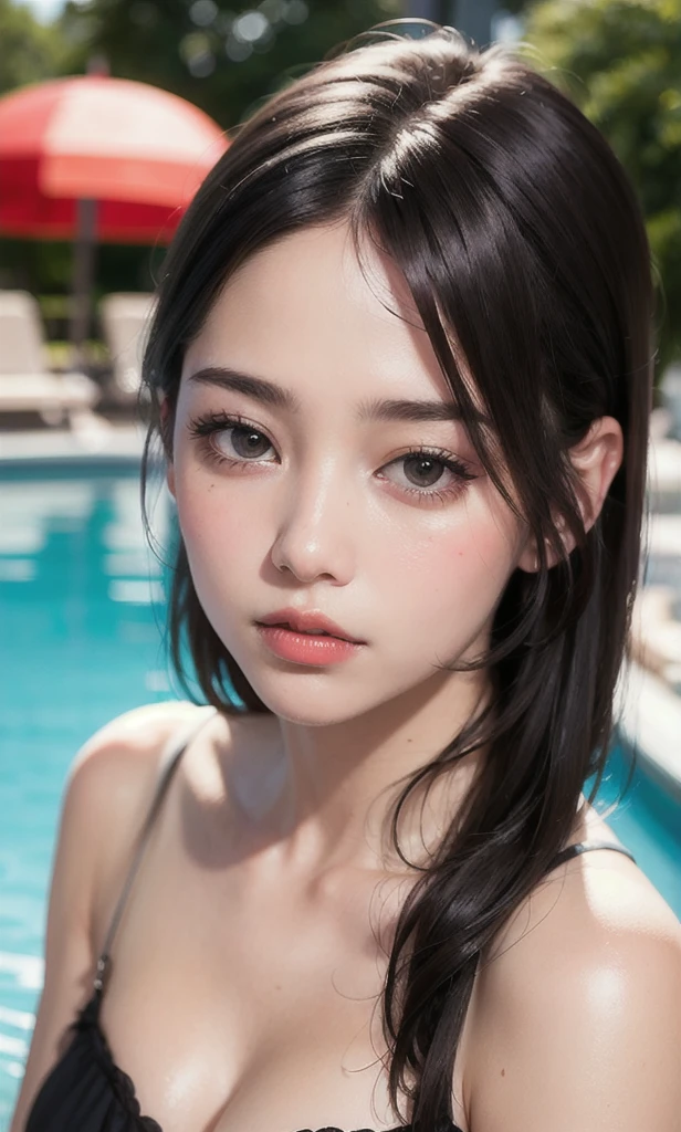 (table top, highest quality:1.4), beautiful face, 8k, 85mm, sweet girl clothes 2,pearl necklace,blue clothes,flower, 1 girl,,red lips,mature woman,compensate, (highest quality, 8k, masterpiece :1.3), (realistic, photorealistic: 1.37), (1 girl), (beautiful woman in her 20s), (slim), (Japanese), (random pose), ((dark brown long hair)), exquisite features, super detailed face, fine eyes, double eyelid,(wet body), (big breasts :1.3), (outdoors), (super detailed face), (fine eyes), (double eyelid), (eye shadow enhancement), (lots of eyelashes), (long legs), (professional lighting), (photon mapping), (radio city), (Look directly at the audience)