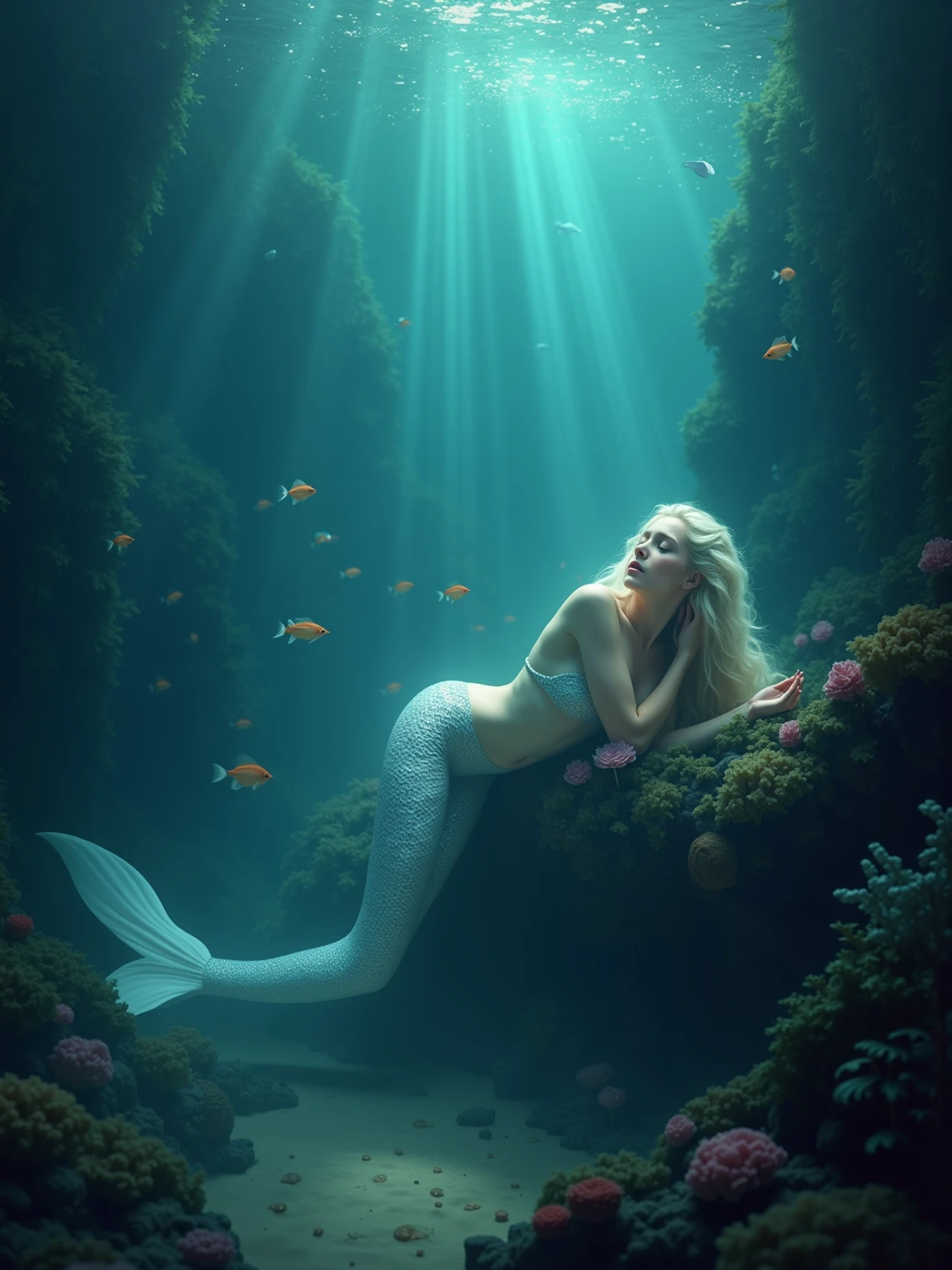 (professional 3d render:1.3) ((Mermaid swims all over)) (Realistic:1.3) most beautiful artwork photo in the world，(((Blond long hair))), ((Blue eyes)), Caucasians, ((long mermaid tail)), (((Detailed mermaid fins))), full body, sport, Features: Soft and shiny, ((Epic mermaid fantasy long hair in dynamic pose, Full tail, Fantastic location, Majestic cluttered environment)), full body 8k unity render, action shot, skin pore, heavyshading, Detailed, Detailed face, (vibrant, photograph realistic, Realistic, Dramatic, Dark, Sharp focus, 8K), (fish scales:1.4), ((((Mermaid tail)))), (Intricate:1.4), decadent, (Highly detailed:1.4), Digital painting, rendering by octane, art stations, concept-art, smooth, Sharp focus, illustration, Art germ, (loish:0.23), (Global illumination, Studio light, volumetic light), Underwater, rays from the surface, Ocean, fantasy, mermaid, ((Sea backgroun:1.3)),CGSesociety,art stations, shoal of fish
