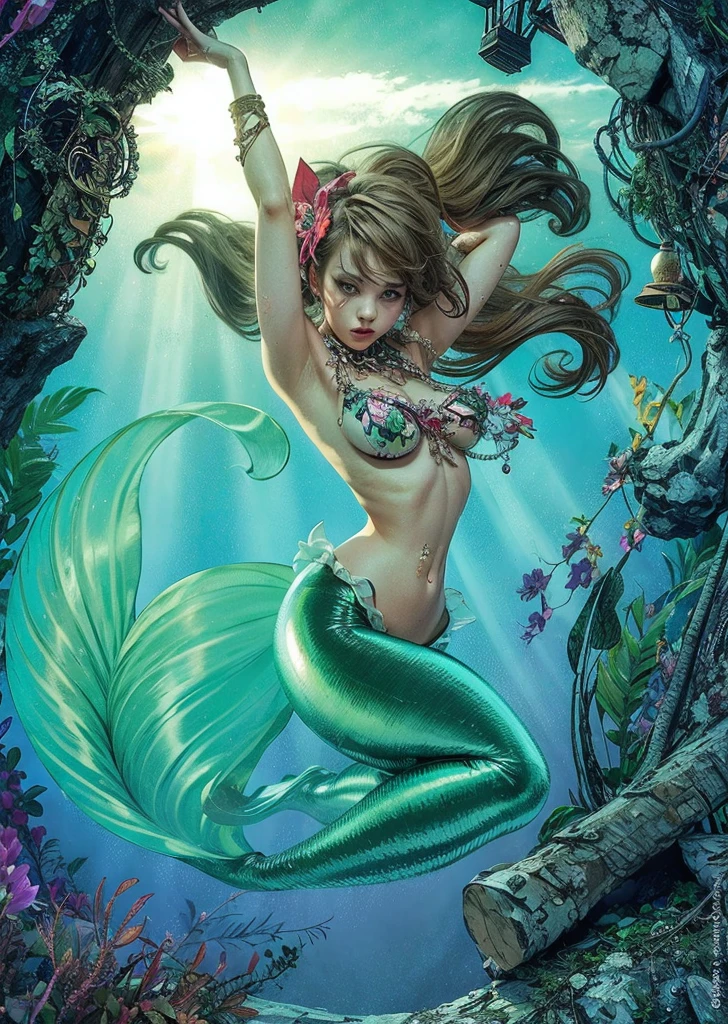 Create an awe-inspiring oil painting that captures the enchanting beauty of a Japanese mermaid gracefully gliding through the depths of the ocean. Using bold and expressive brushstrokes, convey the fluidity and movement of the water as it swirls around the mermaid's ethereal form.
Imagine a scene where the mermaid emerges from the depths, her long, flowing hair cascading like seaweed around her luminous figure. Her eyes shimmer with wisdom and mystery as she gazes into the distance, beckoning viewers into the enchanting world beneath the waves.
With masterful strokes of the brush, depict the intricate details of the mermaid's scales, shimmering with iridescent hues of blue and green. Let the play of light and shadow dance across the canvas, evoking the ever-changing currents of the ocean depths.
In the background, paint a panorama of coral reefs, swaying sea plants, and exotic marine life, creating a vibrant tapestry of color and movement that surrounds the mermaid in her watery domain.
As viewers gaze upon the painting, they are transported into a world of magic and wonder, where the boundary between reality and myth fades away. "Song of the Deep" is not merely a painting—it is a mesmerizing symphony of color, texture, and emotion that celebrates the timeless allure of the sea and the mysterious beauty of the Japanese mermaid.