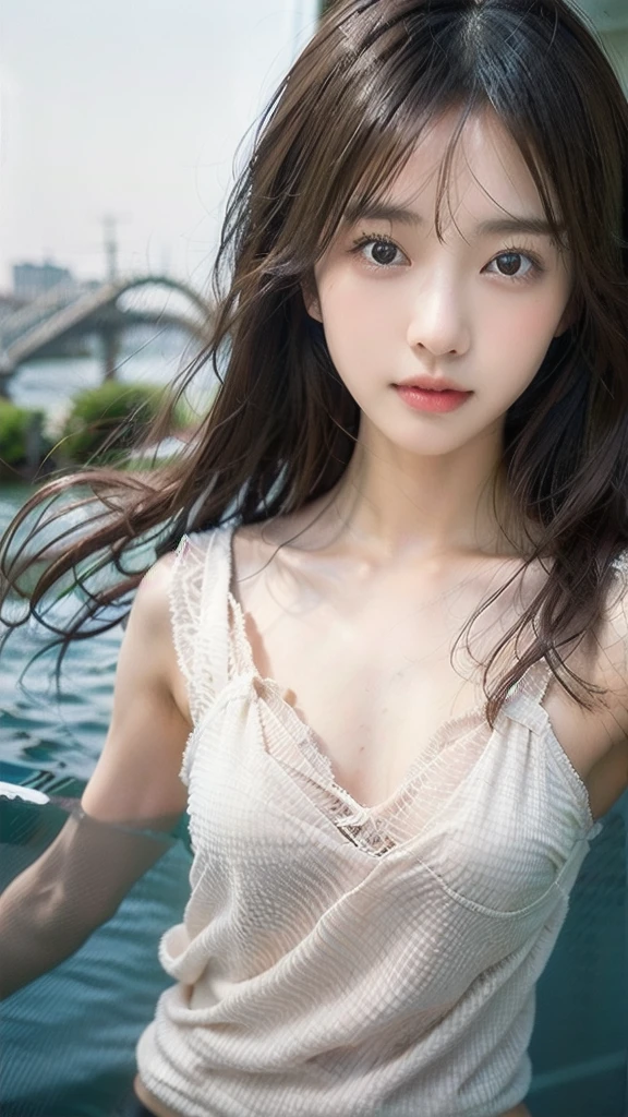 (in 8K、Raw photography、top-quality、​masterpiece:1.2), nffsw, 15yo girl, bangss,Colossal tits, The shirt, brown_hitomi, realisitic, shiny white skin、Beautiful delicate face、Beautiful delicate eyes