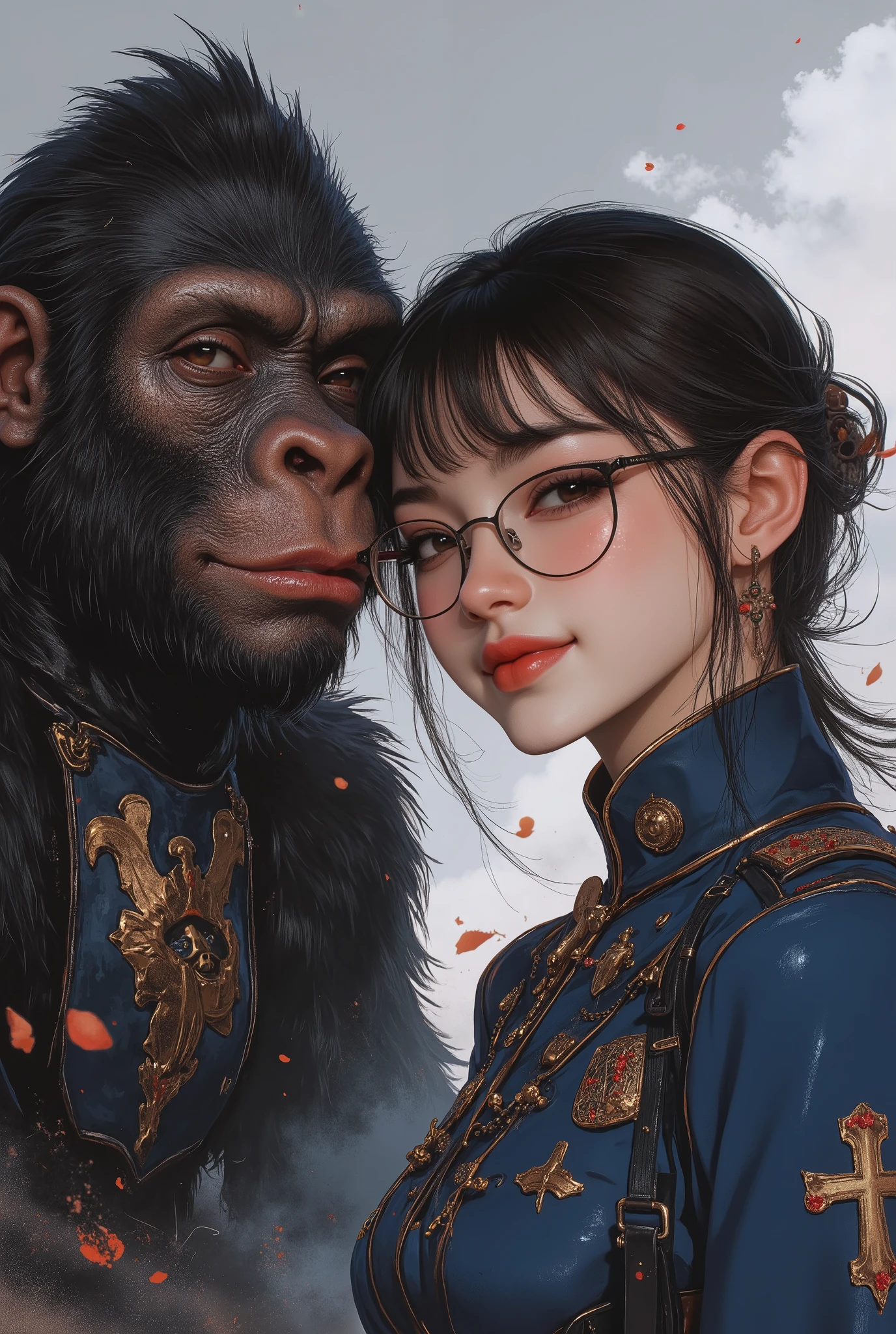 selfie、Oriental beauty with bangs and short black bob wearing stylish glasses and a gorilla are looking at us with a smile、wearing a blue rococo combat uniform