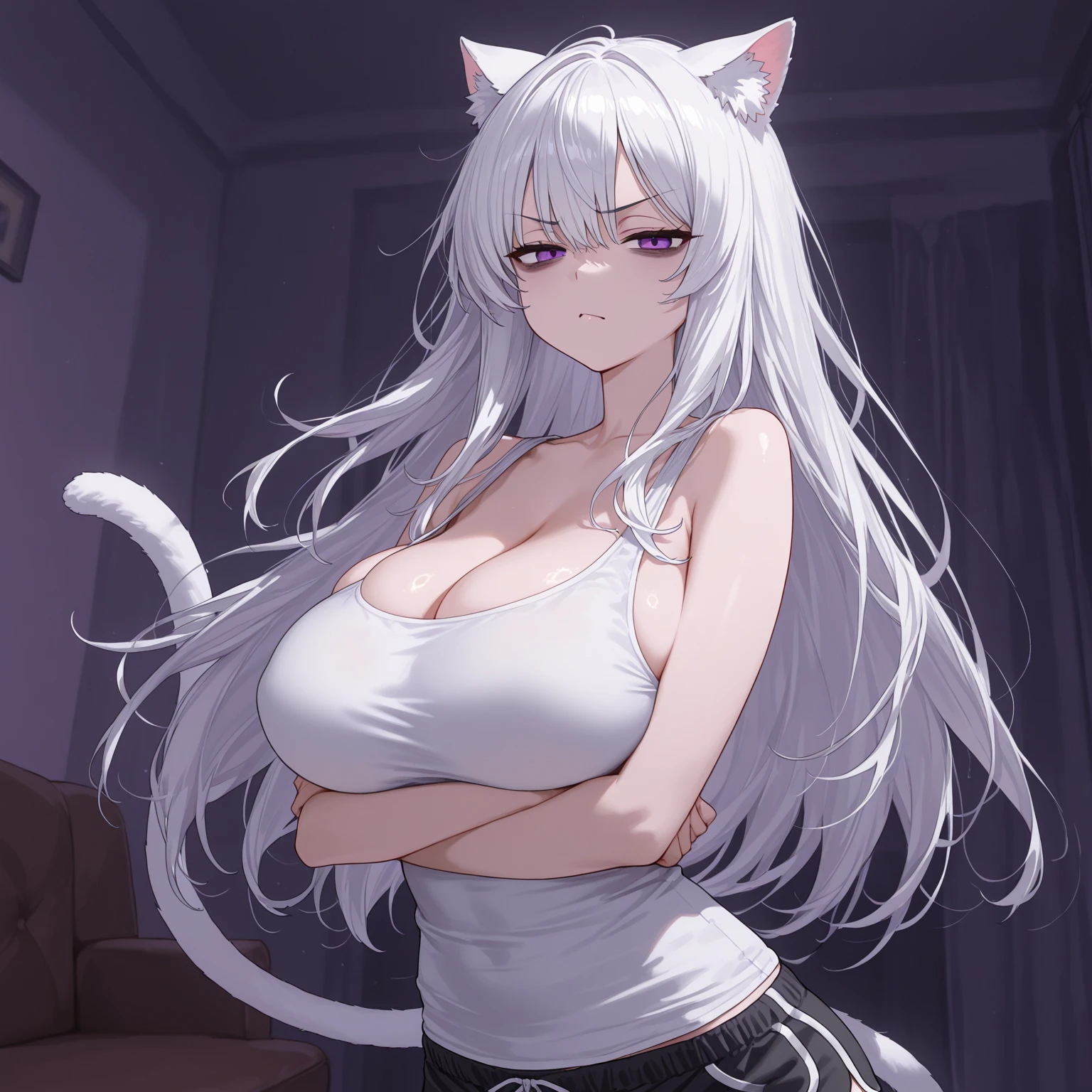 8k, RAW photo, analog style photo of a beautiful young woman as with (huge breasts) in a light red rose garden (highly detailed skin:1.2), cute-style, cowboy shot, a cartoon drawing of a woman with white hair and a cat tail, haruno sakura, neferpitou, shiro from deadman wonderland, nyaruko-san, white cat girl, white haired deity, ahegao, white haired, white fox anime, silver hair (ponytail), seductive anime girl, tifa lockhart with white hair, perfect white haired girl