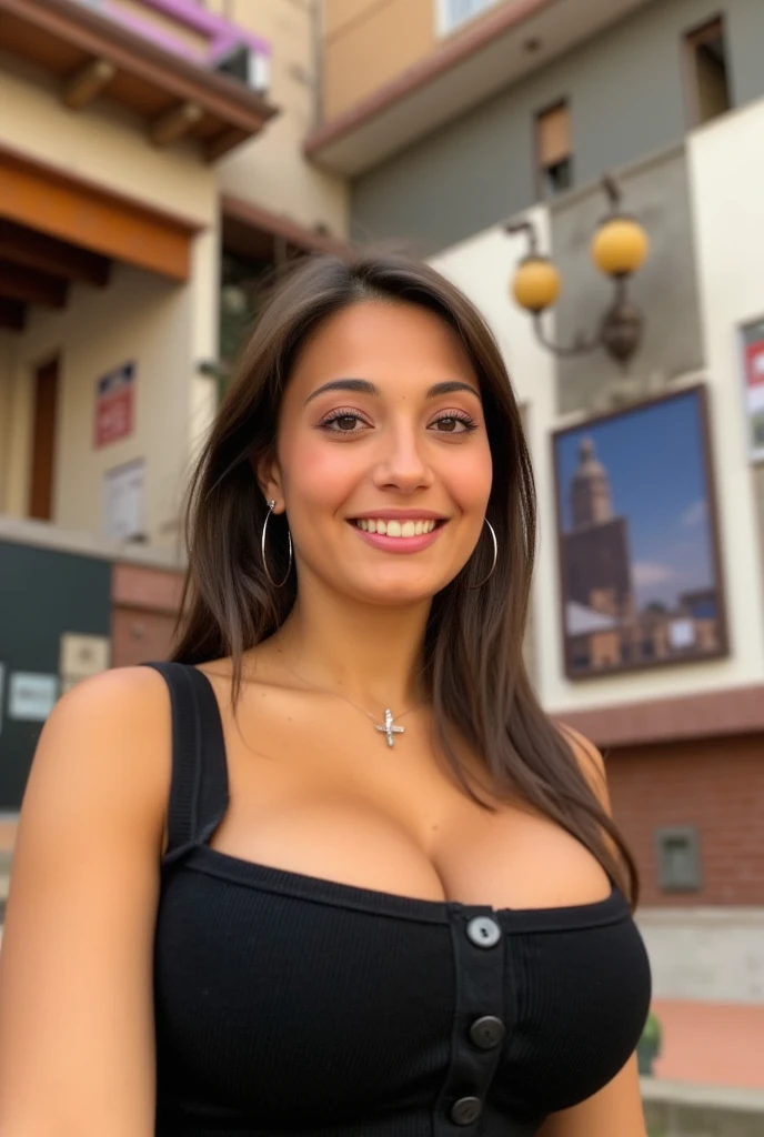 The 27-year-old brunette radiates joy and confidence. Your smile is contagious. She is wearing an elegant black dress that reaches mid-thigh., destacando suas coxas grandes . The dress has a low neckline that highlights your big breasts, adding a touch of sophistication to your look.

Your eyes are green , Around the square some trees stand out. The scene is peaceful and inviting, um retrato perfeito de uma noite na cidade. A jovem morena, com seu vestido preto e sorriso contagiante, is the star of this urban scene.