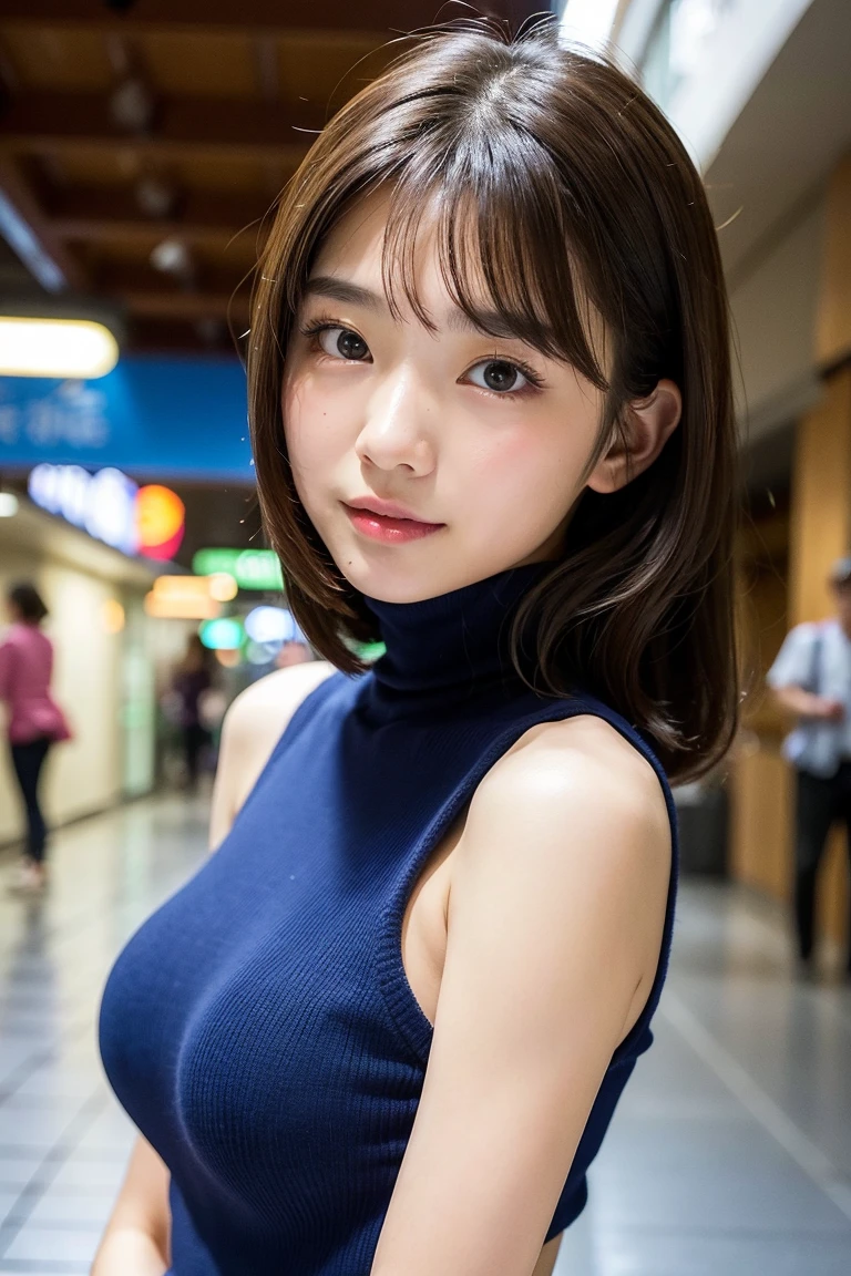 masterpiece, best quality, ultra high res, (photorealistic:1.4), beautiful lighting, RAW photo, 8k uhd, ultra detailed face, realistic lightning, Beautiful Asian Girl, Turtleneck Sweater, Short-red hair, hazel eyes, 28 years old, small breasts, thin body, shy, face the camera, city background, posing for camera