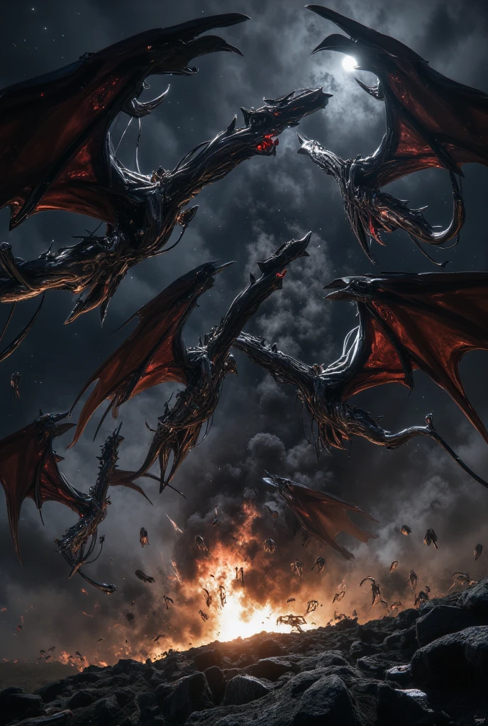 (((Bahamut)))、dragon、Dragon、A battle between an angel and a demon, Final Showdown, (masterpiece, High resolution, high quality, Ultra-realistic:1.2), Creatures of Heaven and Hell, Intense light and shadow, Epic clash, Surreal Landscape, Dramatic composition, Vibrant colors, godの輝き, Epic Scale, Violent explosion、Intricate details, Supernatural Beings, godの力, Ominous atmosphere、flash、god々Rage、dragongod、Black Dragon
