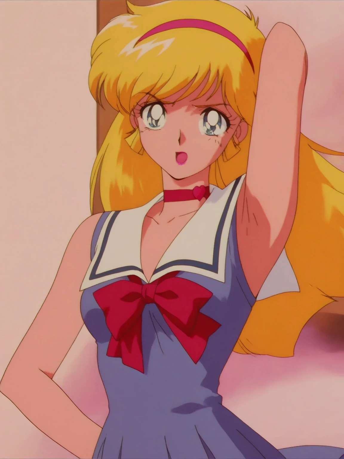 {{{1990s style, gouache style, retro artstyle, sexy no jutsu,pc98,pixelart,game cg}}},{{red ribbon,blunt bangs,green eyes,ringlets,twin drills,yellow hair.lace}},large breasts,princess,undress,sweat,steam,smug, nose blush,princess dress,armpits