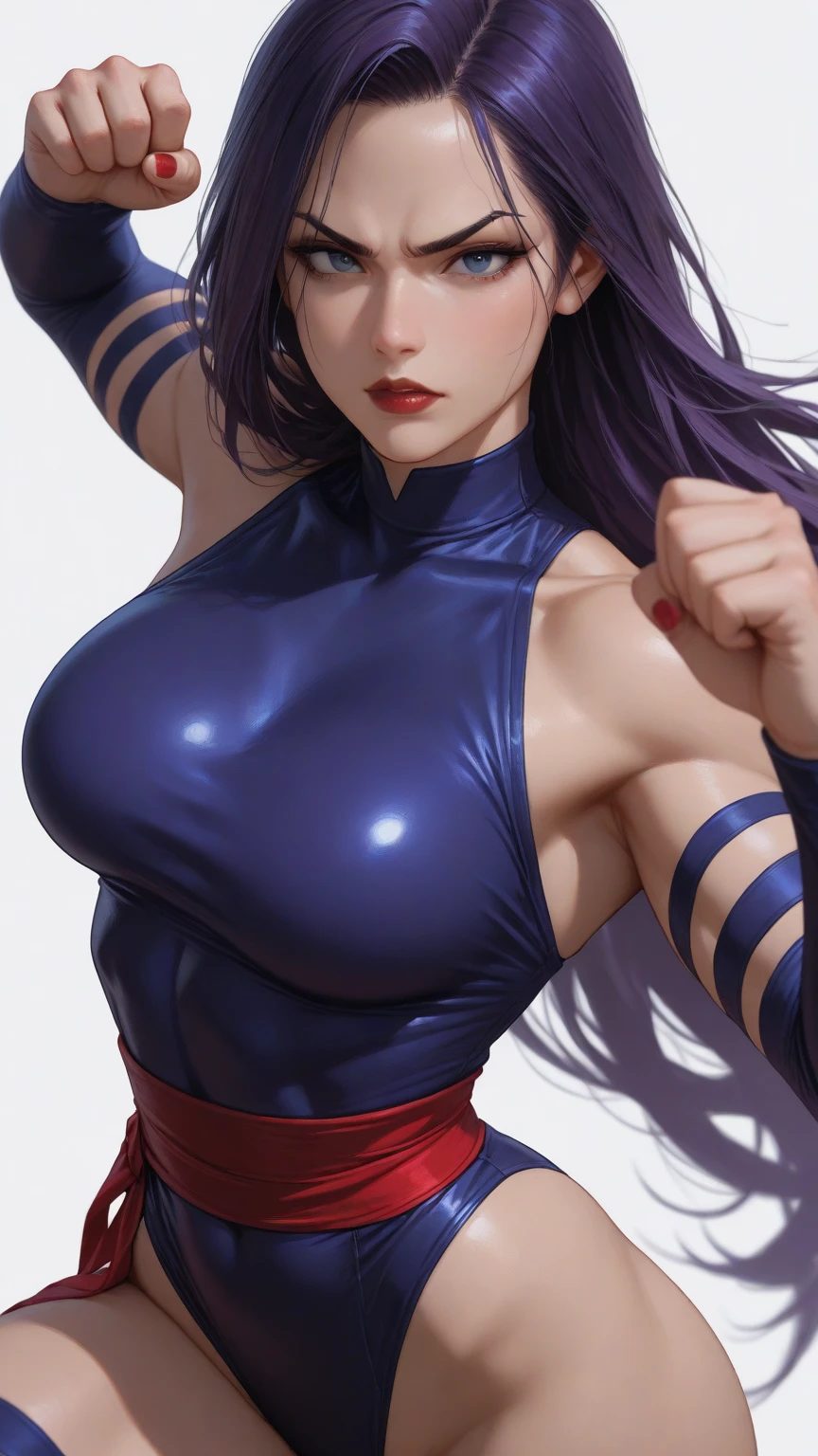 street fighter、Five Fingers、Very big big breasts、fighting poses、Chest that seems to burst、cleavage of the breast、One lady、long legged、Fitness Model、musculature、abdominals、Powerful Pose、punch、Height 175cm、poneyTail、skin tanned、A smile、clothes shiny、full-body view、Clothes that shine in iridescent colors、The shirt、JINS、publicity cosplay、full-cosplay、taken with canon 5d mk4、cosplay foto