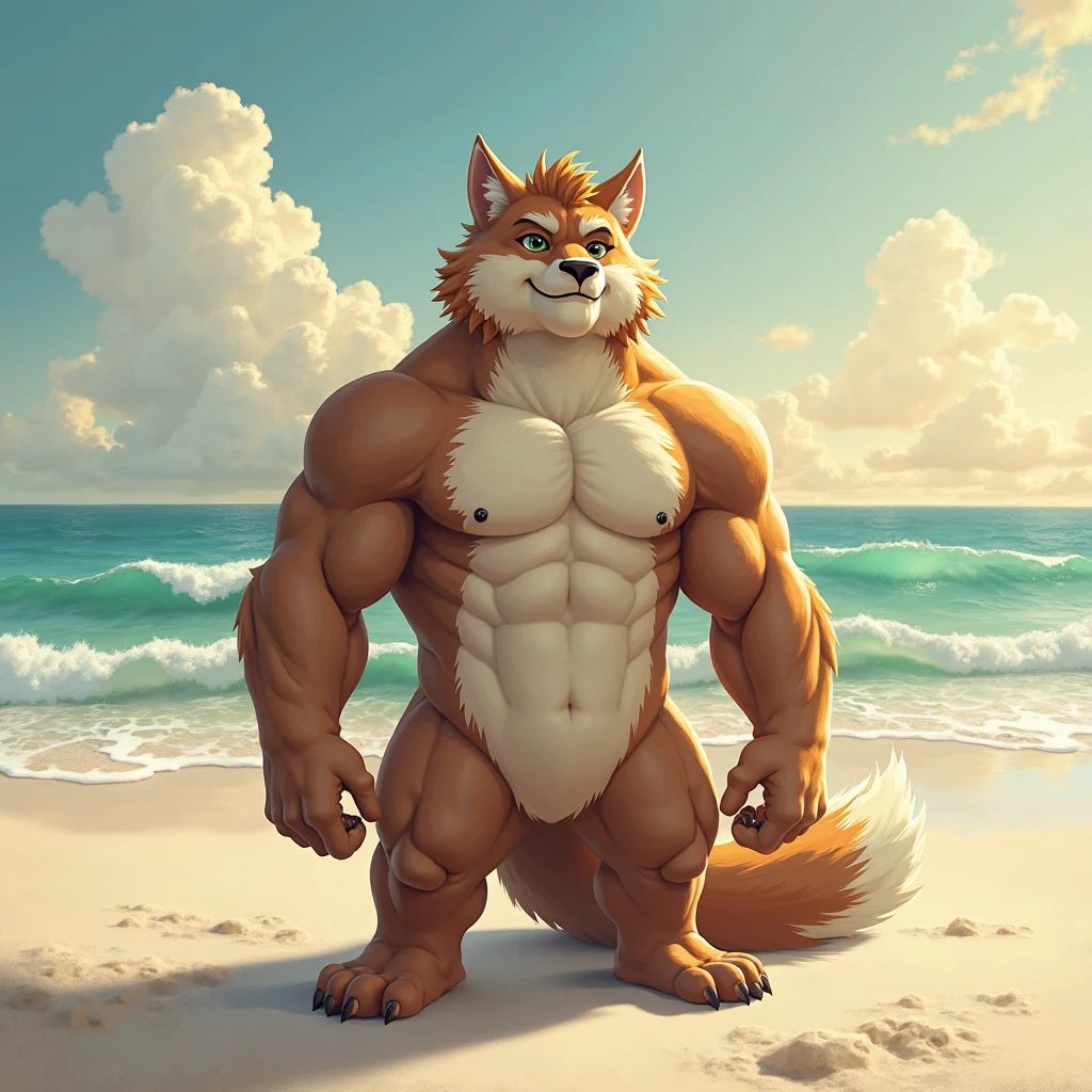 male furry white wolf (fat red knotted penis), full body, standing on a deserted beach