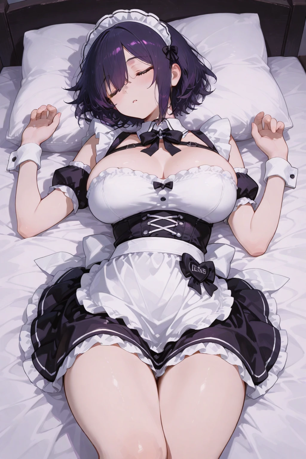woman,Bob Hair, Dark brown hair,Large Breasts,Maid clothes,Short sleeve,I can see the valley.Cute black gloves,Cat ears headband,Wear tights,Dark brown hair,Large Breasts,maid Cafe