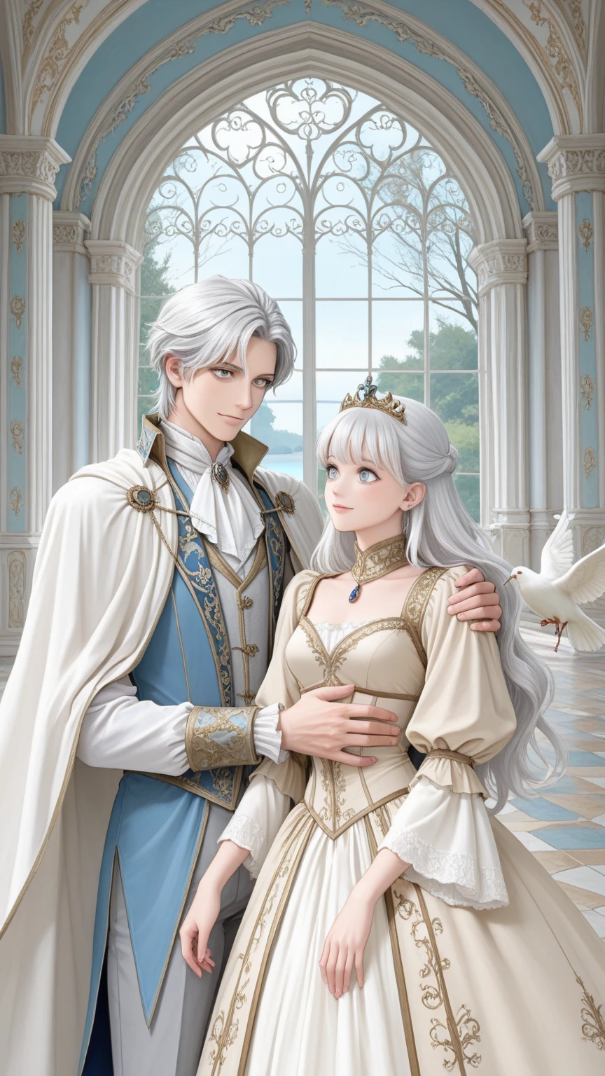 charming (human:1.5 (old man king:1.25)) groom, with human small ears, (1girl), elegant young elf girl bride with (flower wreath on head), (1man), perfect face, detailed eyes, anatomical correct hands, five fingers, anatomical correct fingers and hands, perfect hands, sitting on a luxurious chair in a beautifully decorated room with flowing curtains, fantasy castle background, royal elegant pose, highly detailed exquisite fanart, anime key visual of elegant, wlop and sakimichan, detailed fanart, royal portrait, queen and ruler of the universe, high quality fanart, in their noble mansion, an elegant couple