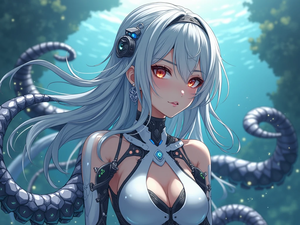 Silver Hair　Short Hair　Black headband　bluish eyes　beautiful girl　nsfw　Goth Pee　Sweaty　Wet　Blank expression, violent movements　Tentaclesから襲わている seventeen　１people　Constraints　身体にTentaclesが巻き付いている　お尻の穴からTentaclesが侵入 脚を開いてしゃがんでいる　Tentacles　Hardcore