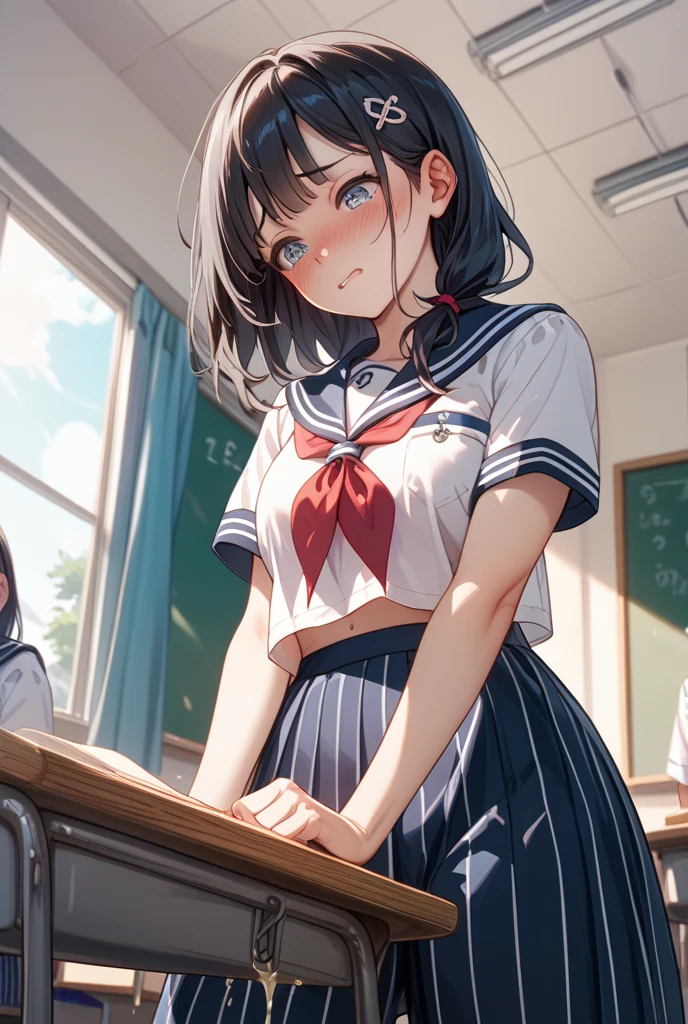 nsfw,alone, (One girl), Junior high school girl,single, (wearing only the top half of sailor school uniform), Sailor with un-folded hems, sexy, (Cowboy Shot), ((Put your arms behind your head)), classroom, With a girl:Her hair is long and black, Her face is round and cute, Black Hair, Low twin tails,(Shy, Embarrassing),(Sit on a chair)、Spread your legs、((White panties)),M-shaped legs、(pussy cameltoe:1.0)、