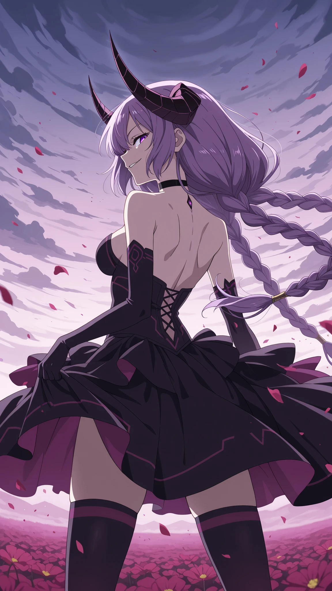 BREAK (masterpiece:1.2), best quality, high resolution, unity 8k wallpaper, (illustration:0.8), Dark poppy field under swirling storm clouds,
wind violently shaking the flowers,
dust and petals in the air,
ominous tension, anime cinematic style,
by CoMix Wave Films, detailed,aura the guillotine, long hair, purple eyes, purple hair, braid, horns, twin braids,skirt, thighhighs, gloves, choker, black gloves, elbow gloves,floating skirt,looking at viewer,cowboy shot,wide-angel,sexy pose,from behind,back photo,evil smile,