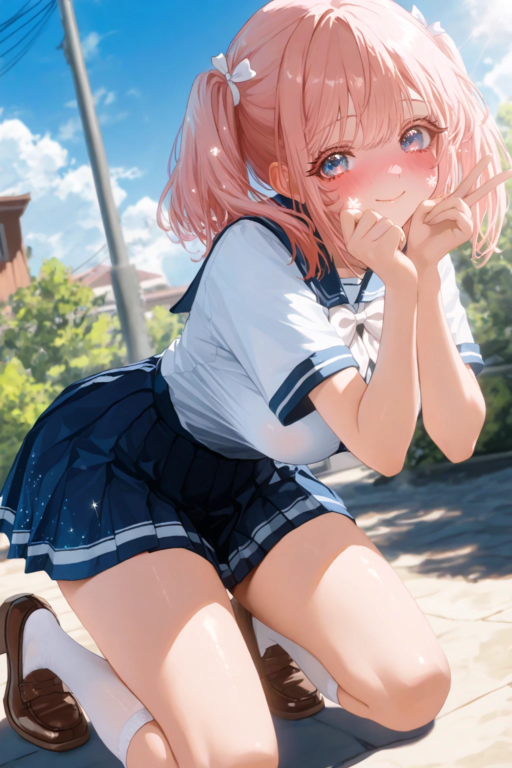 highest quality、Super Resolution、8K,(masterpiece:1.3), (Absurd:1.3), (highest quality:1.3), (Very detailed:1.3), One girl, View your viewers, smile, Outdoor,Photographed from the perspective of looking up at her feet, Summer sailor uniform,ailor collar,、Sit on a bench、She spreads her legs and shyly shows her panties、She shows off her white frilly panties to the viewers.、