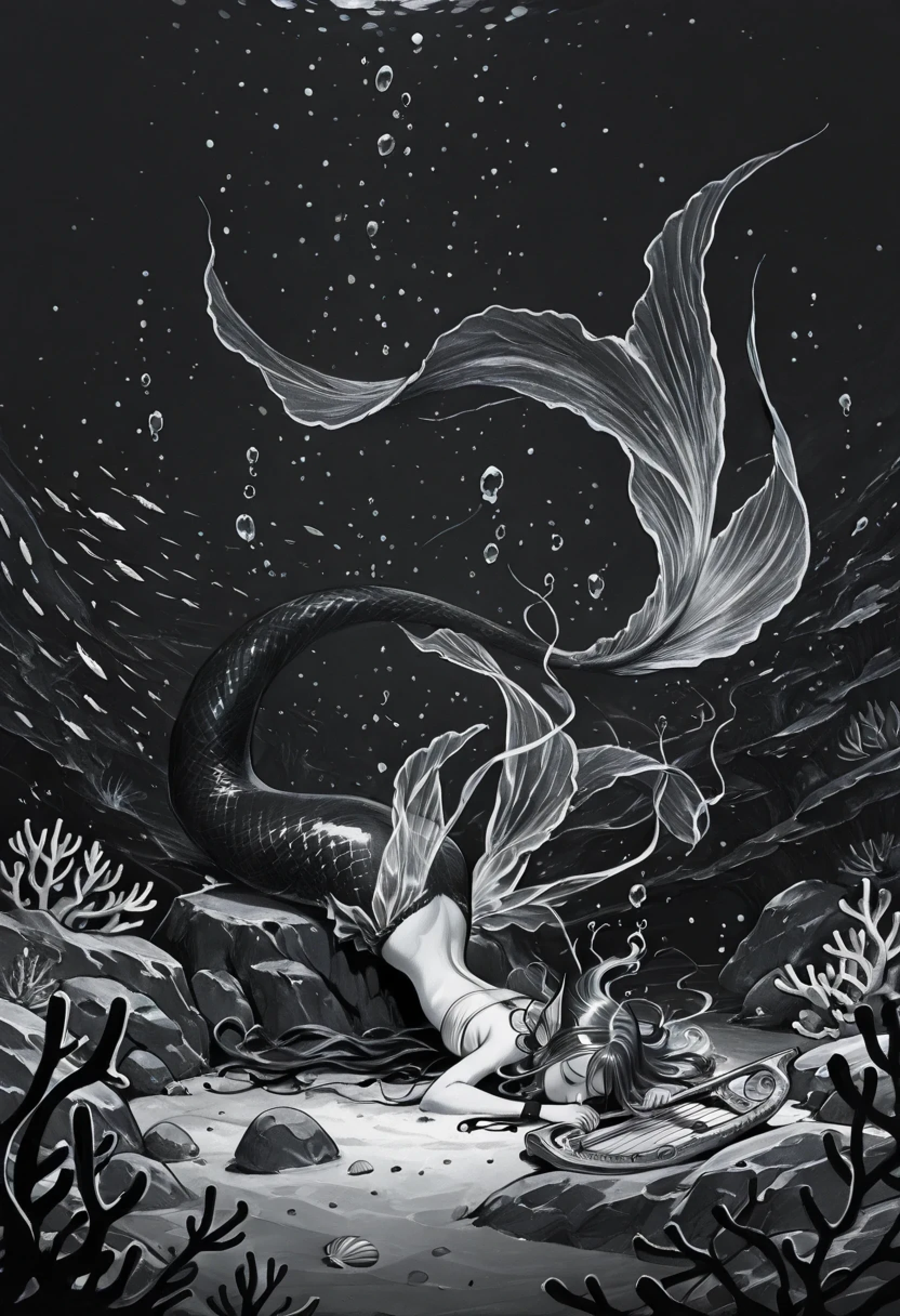 monochrome, greyscale, sketch, solo, 1 monster girl, Siren, living hair, head fins, sheer-silk capelet, white bandeau bikini, wristband, sheer-silk waist cape, mermaid, lying, sleeping, bent over, holding harp, underwater, seafloor, rock, fish, bubble, coral, seashell, seaweed, wide shot, (darkness:1.2),