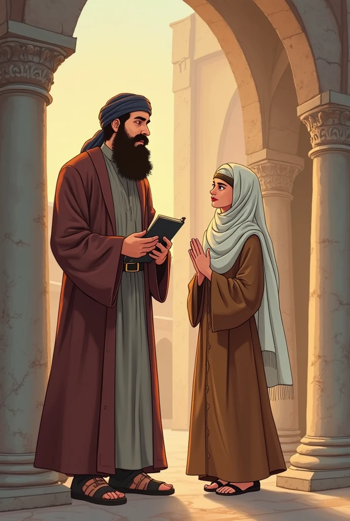 Animated image of a black-haired Muslim man wearing a white turban with a large body and behind him is an old woman wearing a headscarf wearing all white clothes, both of them sitting kneeling towards the Kaaba while crying while praying looking at the Kaaba. 
