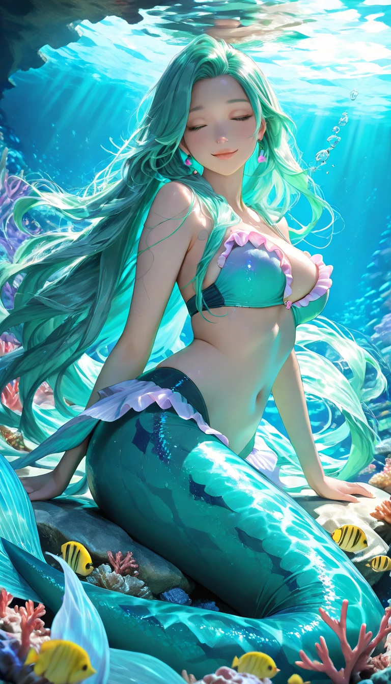 mermaid with blue hair and flowers floating in the water, beautiful mermaid, beautiful digital illustration, a beautiful artwork illustration, beautiful digital artwork, beautiful gorgeous digital art, beautiful digital art, asian female water elemental, gorgeous digital art, very beautiful digital art, closeup fantasy with water magic, beautiful fantasy art, beautiful digital painting, exquisite digital illustration, gorgeous digital painting
