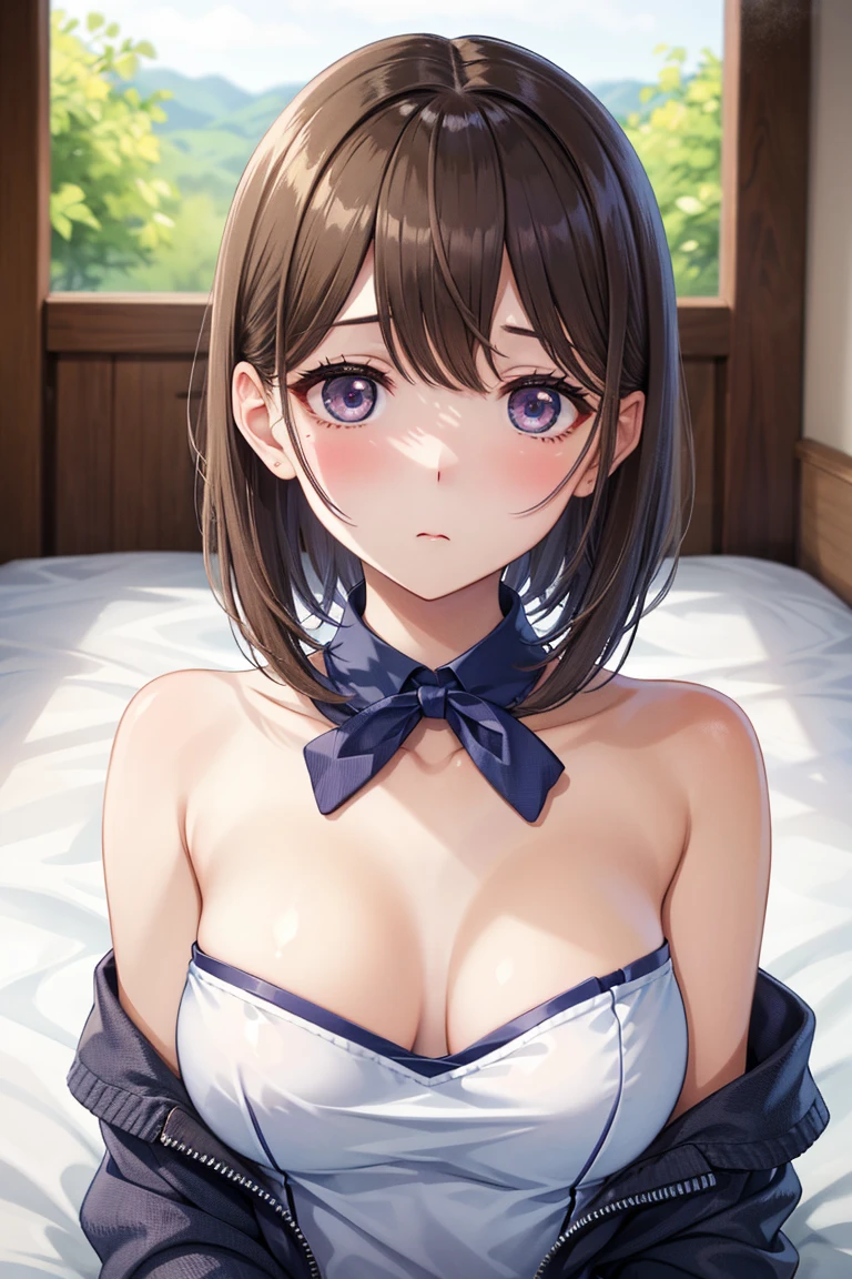 masterpiece, highest quality, 1 girl,Elgida Lina, brown side hair、Semi-short back hair、purple eyes(heart-shaped eyes) 、bird hat、sexy、bedroom background、full nude、Ｇcup breast、blush、troubled face、I can see the whole body、courtship actions、open mouth and drip