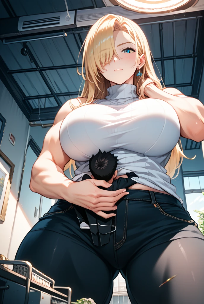 score_9, score_8_Excellent, score_7_Excellent, Hello、he, Brown eyes, blonde, Multicolored Hair, Long Hair,Long sleeves Round neck ,Khaki T-shirt maxi ((tight)) dress、Are standing,Big Breasts、One Girl、One boy、The Faceless Man、A man hugs a woman from behind、((Grab your chest))