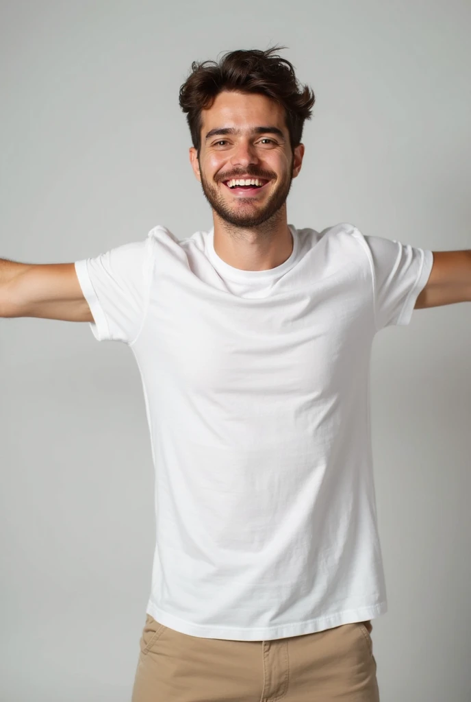 PICTURE REALISTIC, one  men, with normal clothes, showing the body from the waist up, Grinning, eating a small brown candy shaped like a bar without divisions.