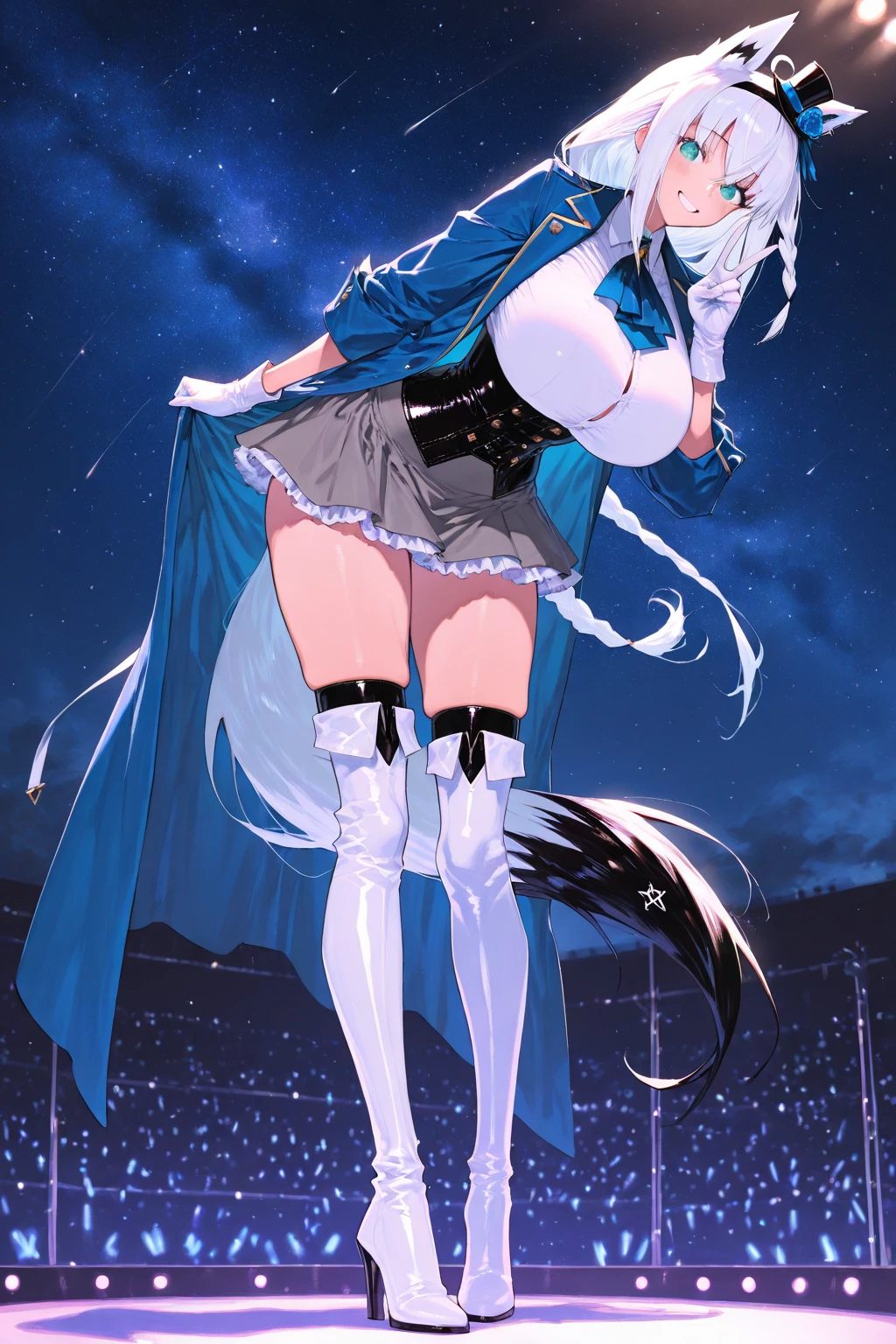 ((1girl)),((alone)), sylpha langlis,(masterpiece), (best quality), (ultra detailed), (best illustration), (best shadow), (absurdities), sharp focus, cowboy shot ,atmospheric perspective, depth of field, dynamic posture looking at the viewer, large breasts, narrow waist, wide hips, wide thighs, round butt, erotic, romantic, (very detailed eyes, lips 1.1), very detailed eyes, eyes, very face detailed, Very beautiful face, full height, beautiful slim figure, femininity, expressive appearance, elastic big breasts, sexuality, long hair, breasts, blush, blue eyes, light blue hair, big breasts, ((blue Playboy bunny suit:1.4 )), ((blue bunny ears)),((neckline:1.4)),((black pantyhose:1.3)), ((bare arms:1.4)), white wristbands, smile, hair between eyes, , curves, defined body, Perfect and beautiful body, perfect and beautiful, closed mouth, smile, happy smile, blushing, (sexy pose: 1.2), ((solo)), standing: 1.3,(( Castle: 1.5, room: 1.5, bedroom: 1.4, bed: 1.5, night: 1.5, window: 1.3, moon: 1.4, clear sky: 1.4)), looking forward, ((focus on breasts: 1.4)), point of view: (from above), perfect anatomy, perfect hands
