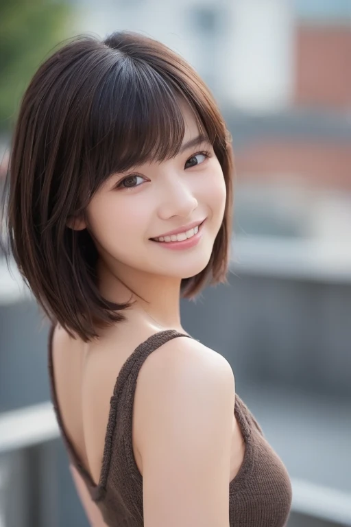 girl, White skin, Short dark brown tiered hair, V cut with layers and bangs, Brown eyes, Soft atmosphere characteristics
(Highest quality, Ultra-high resolution, 8K, RAW Photos, Ultra-high resolution: 1.2, masterpiece: 1.2), (Realistic, Realistic: 1.37), Super detailed, Professional Lighting, Photon Mapping, Radio City, Physically Based Rendering, Japanese, One Girl, alone, Black Hair, cute, Nice, Adorable, A light smile, Normal chest, looking at the camera, Upper Body, Beautiful and detailed blue sky,