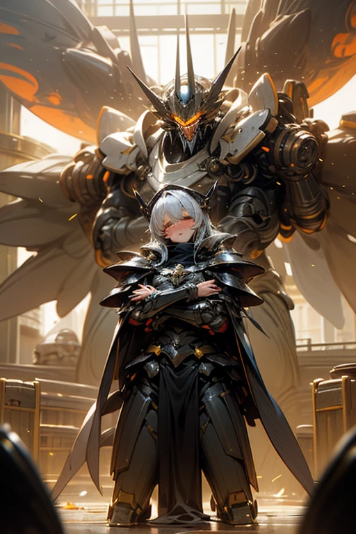 (estilo anime) mulher de cabelos pretos, olho roxo, wearing a long black gala dress while being accompanied by a mercenary knight with robotic body hair and black mechanical prosthetics with red accents --auto --s2